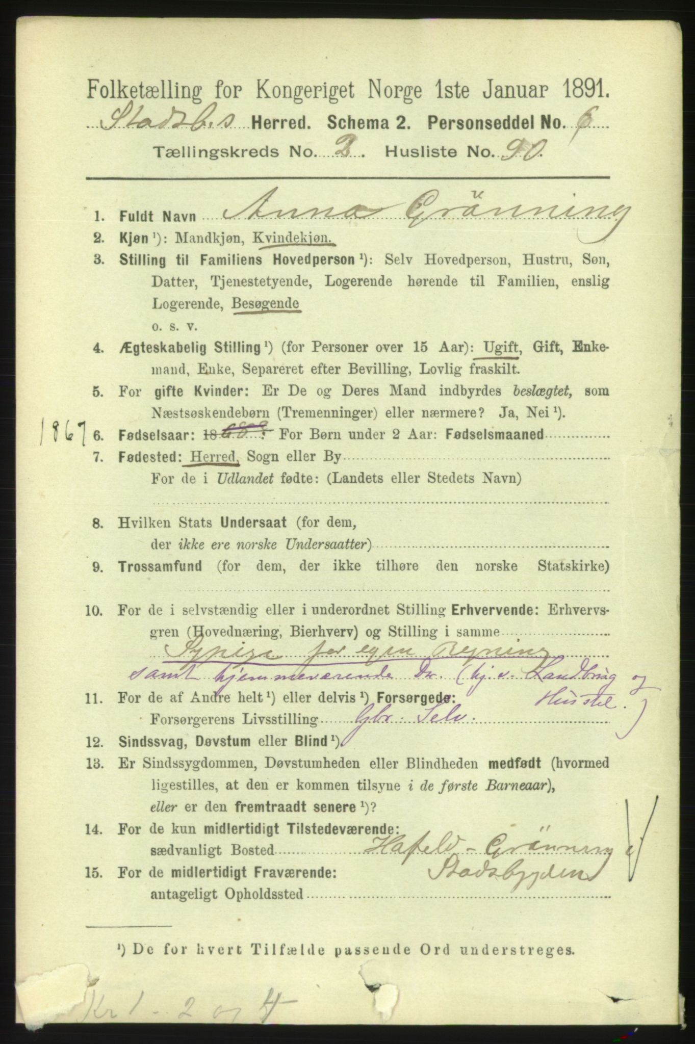 RA, 1891 census for 1625 Stadsbygd, 1891, p. 1299