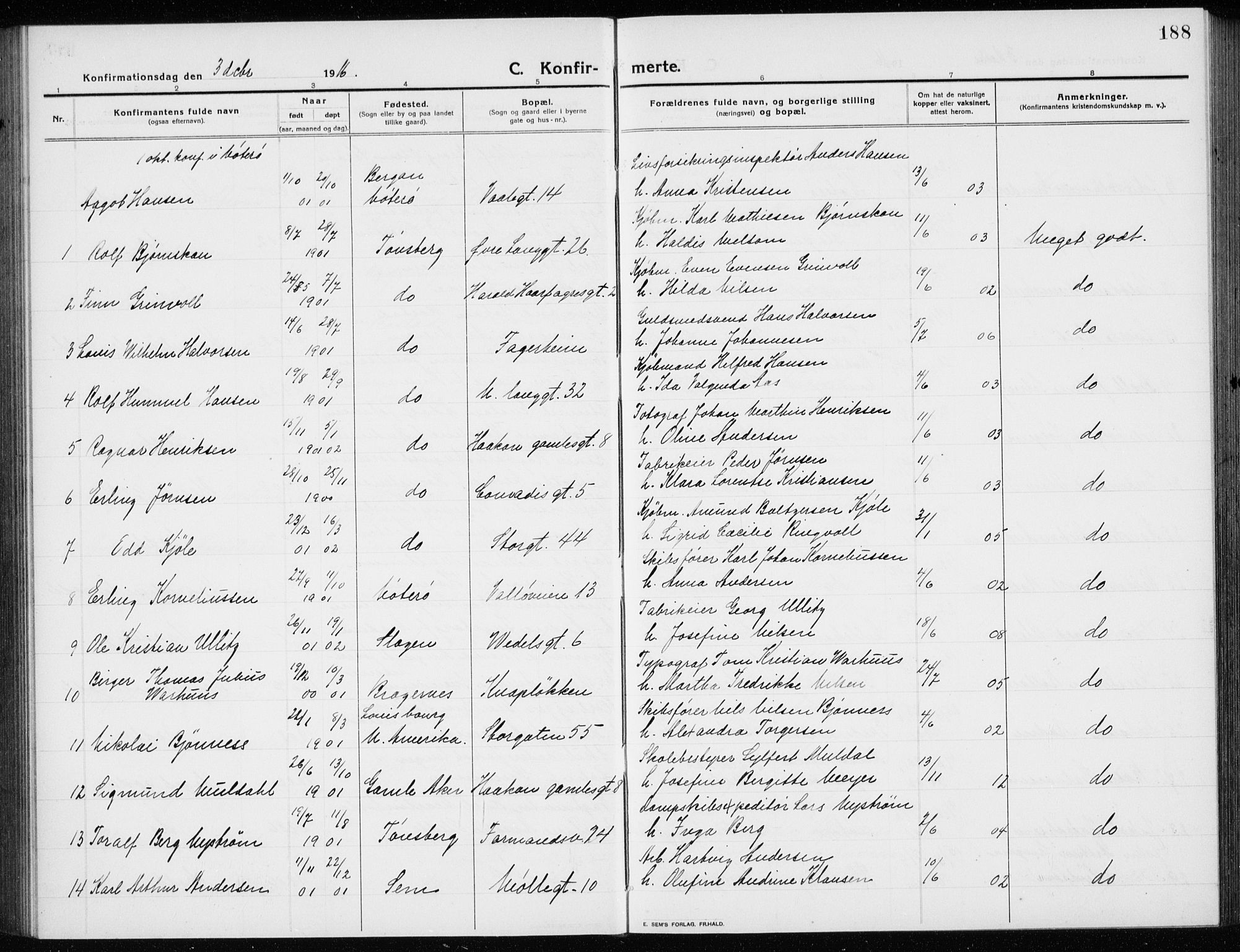 Tønsberg kirkebøker, AV/SAKO-A-330/G/Ga/L0009: Parish register (copy) no. 9, 1913-1920, p. 188