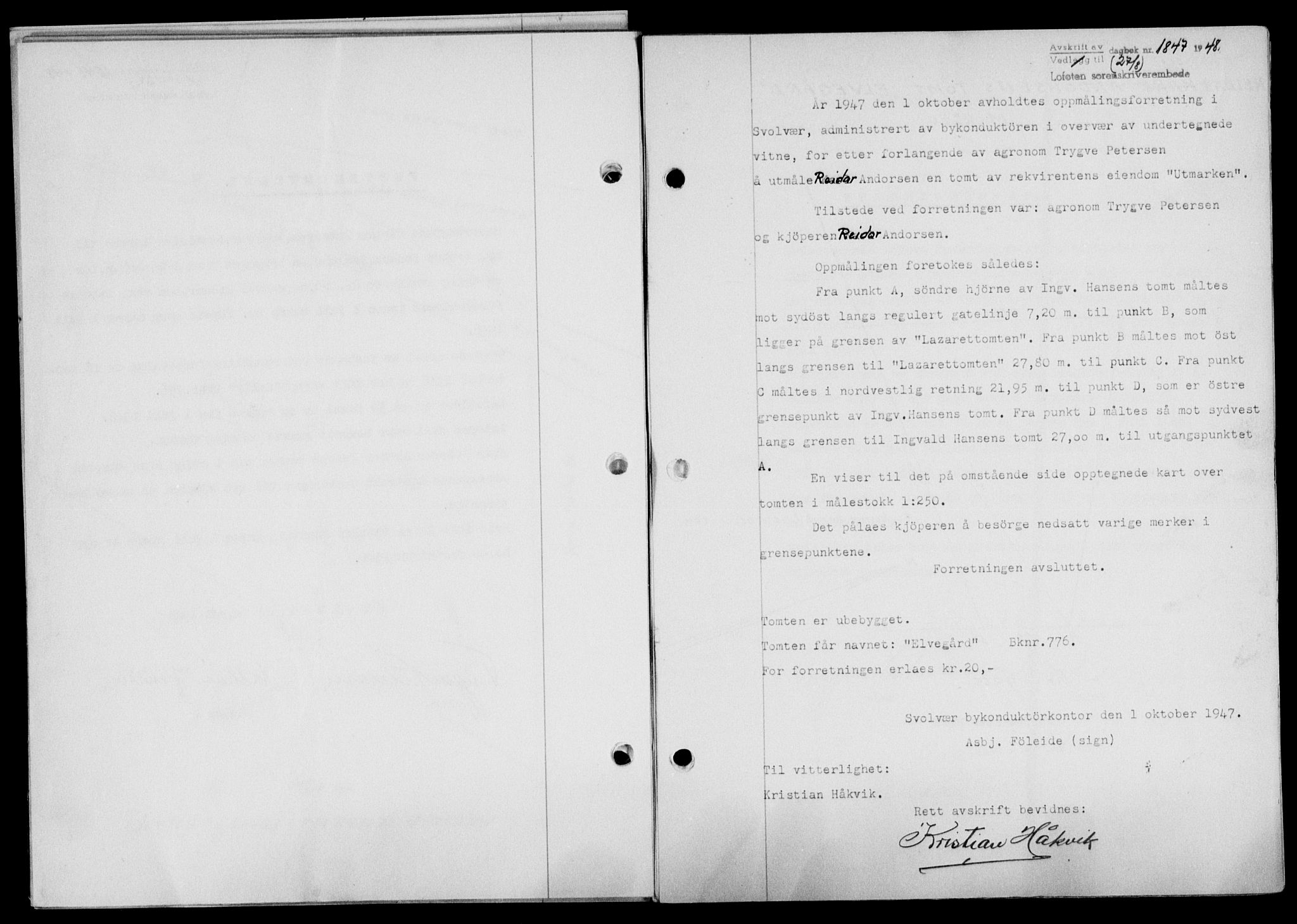 Lofoten sorenskriveri, SAT/A-0017/1/2/2C/L0019a: Mortgage book no. 19a, 1948-1948, Diary no: : 1847/1948
