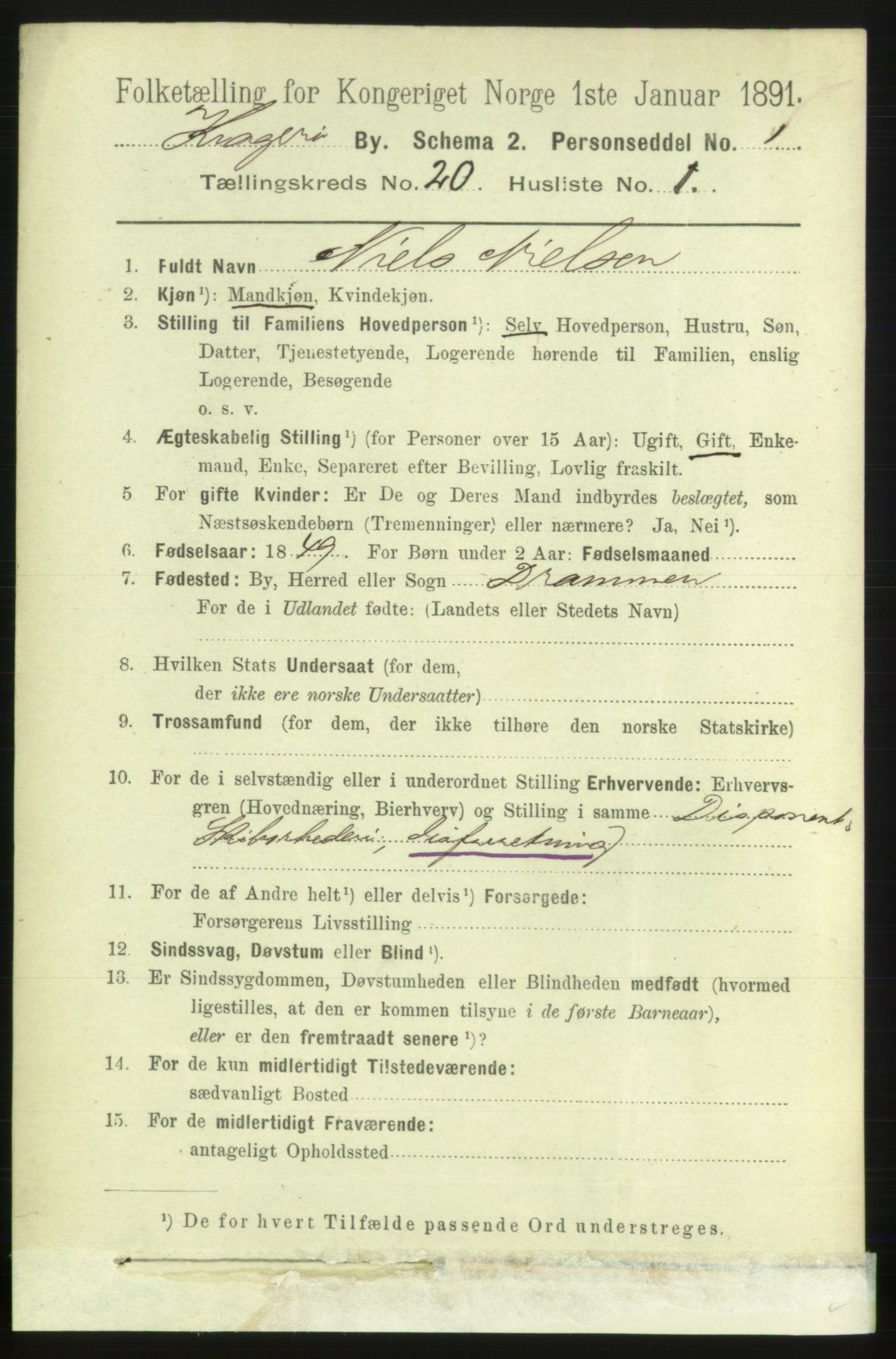 RA, 1891 census for 0801 Kragerø, 1891, p. 4607