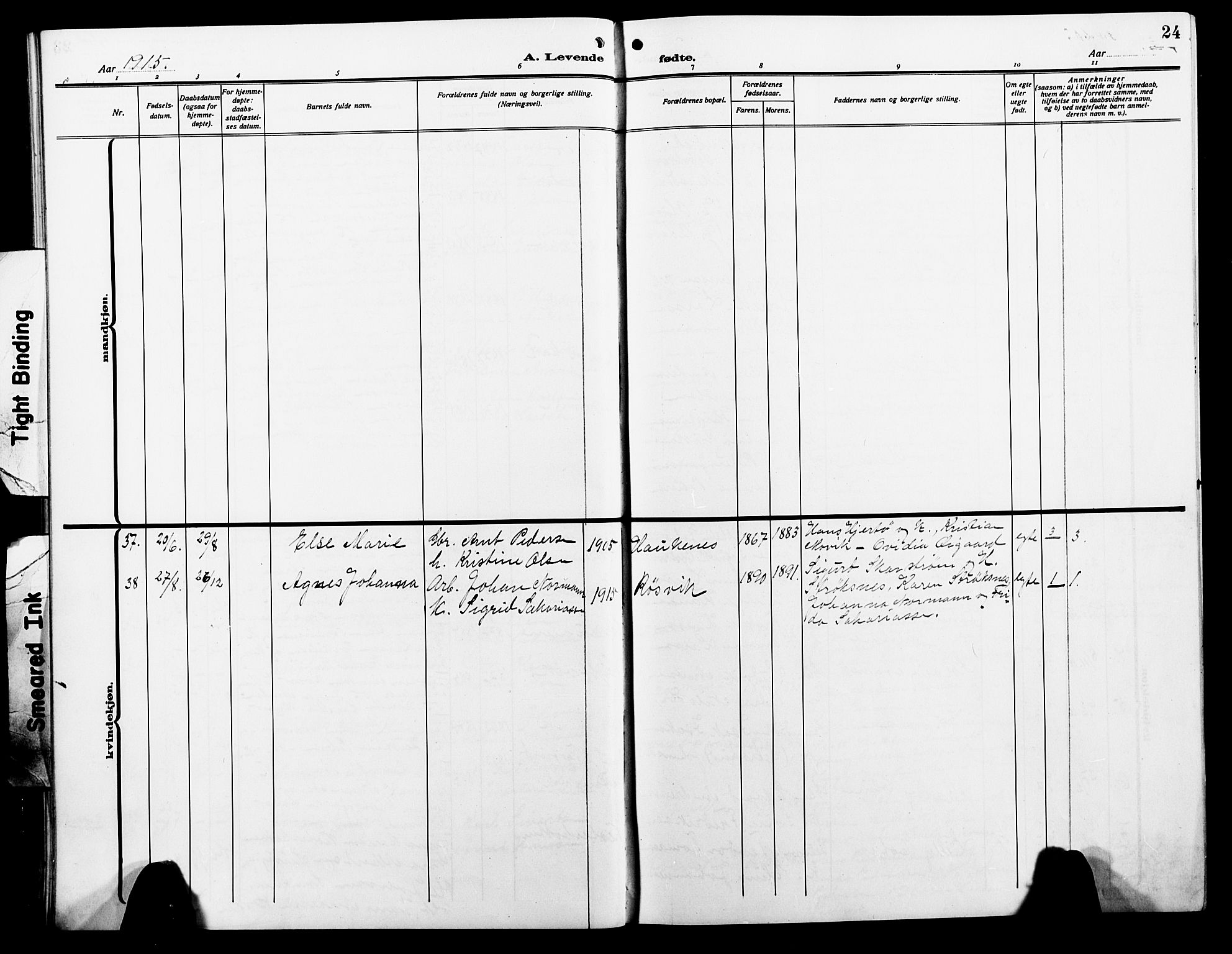 Ministerialprotokoller, klokkerbøker og fødselsregistre - Nordland, AV/SAT-A-1459/854/L0787: Parish register (copy) no. 854C03, 1913-1926, p. 24