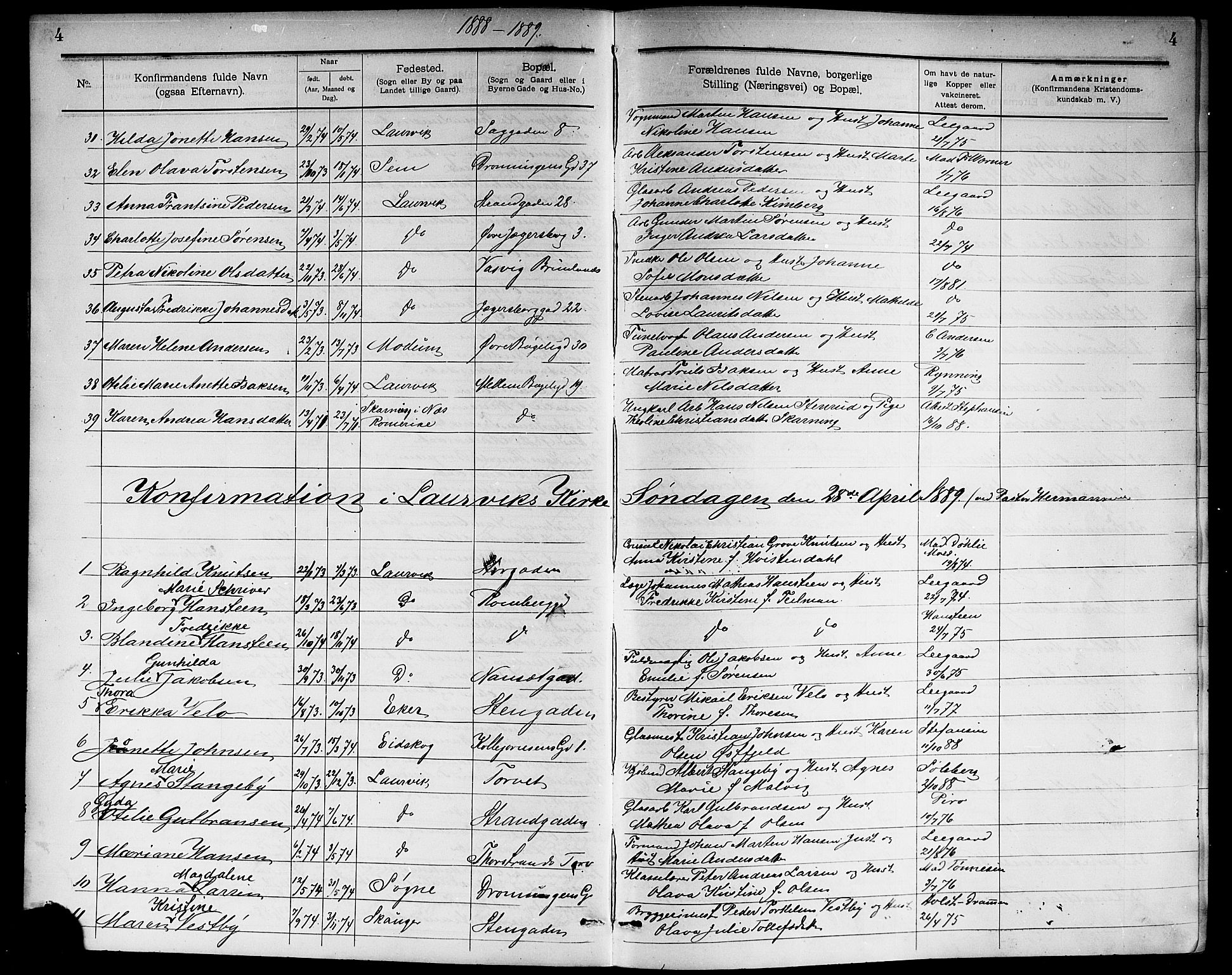 Larvik kirkebøker, SAKO/A-352/G/Ga/L0006: Parish register (copy) no. I 6, 1888-1917, p. 4