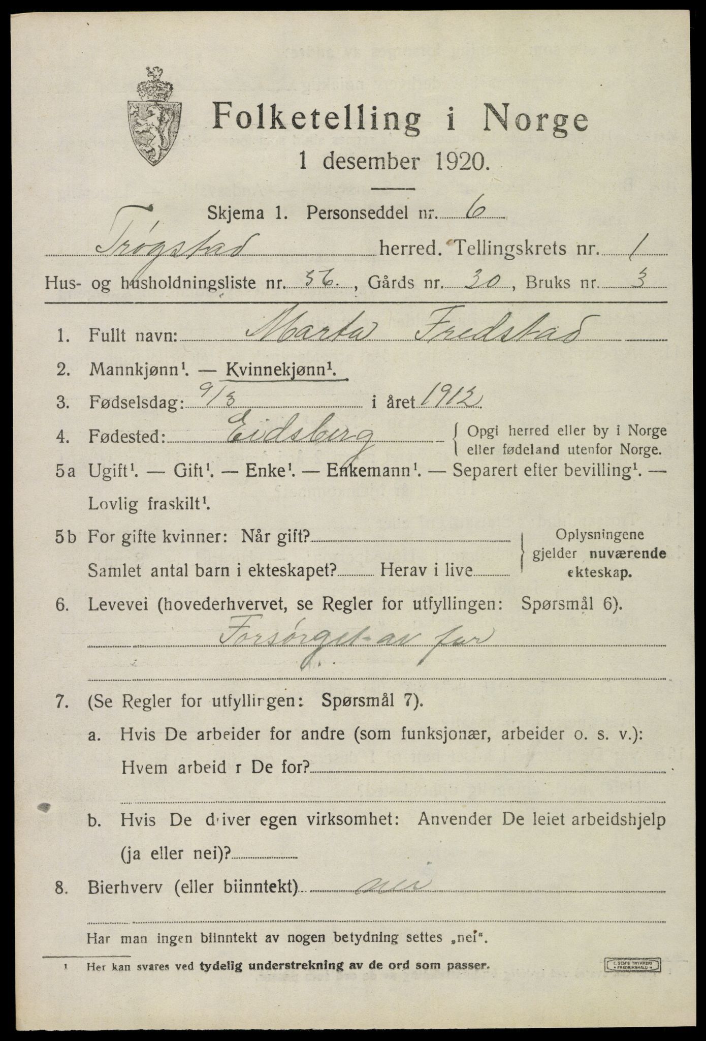 SAO, 1920 census for Trøgstad, 1920, p. 2070