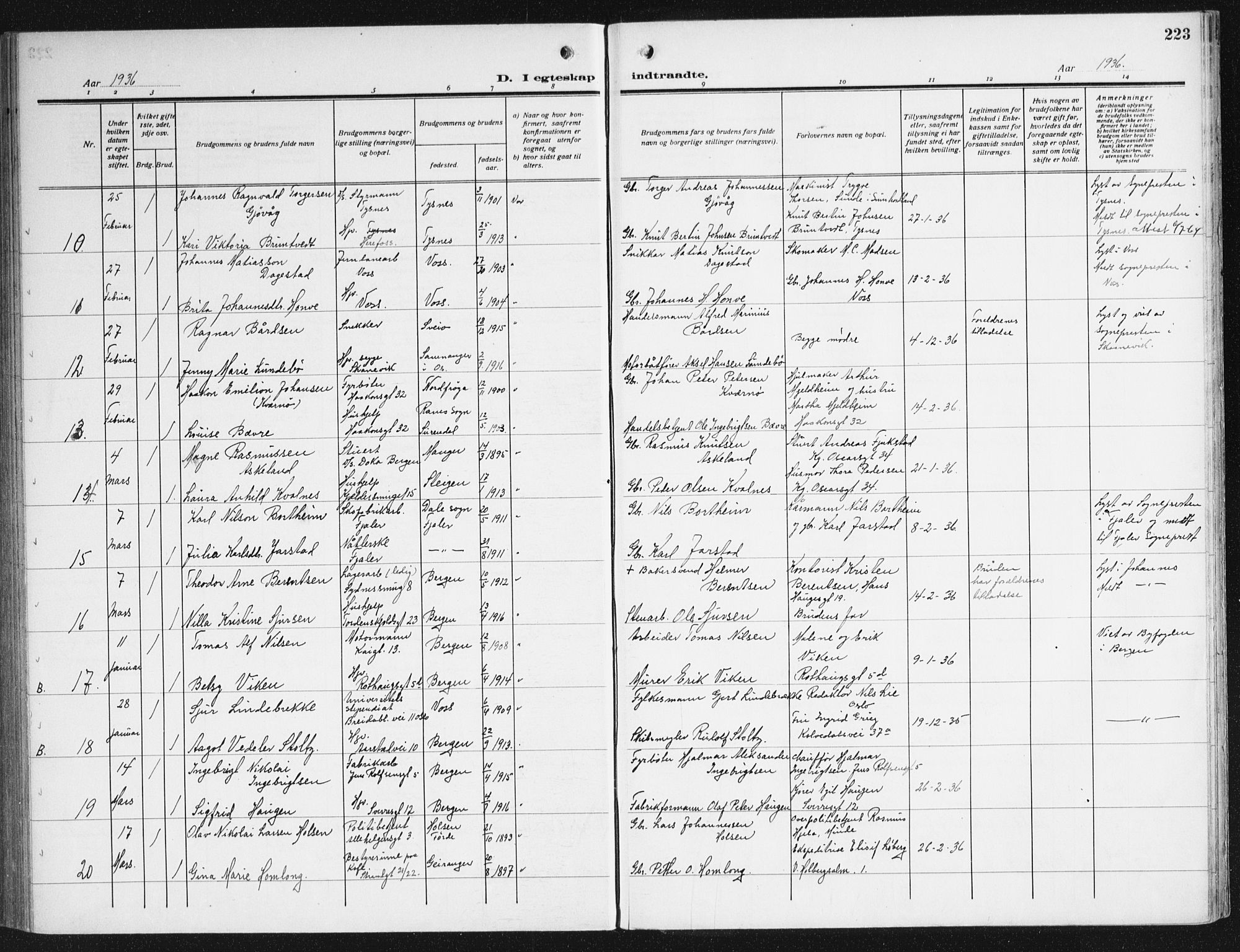 Domkirken sokneprestembete, AV/SAB-A-74801/H/Haa/L0039: Parish register (official) no. D 6, 1921-1937, p. 223