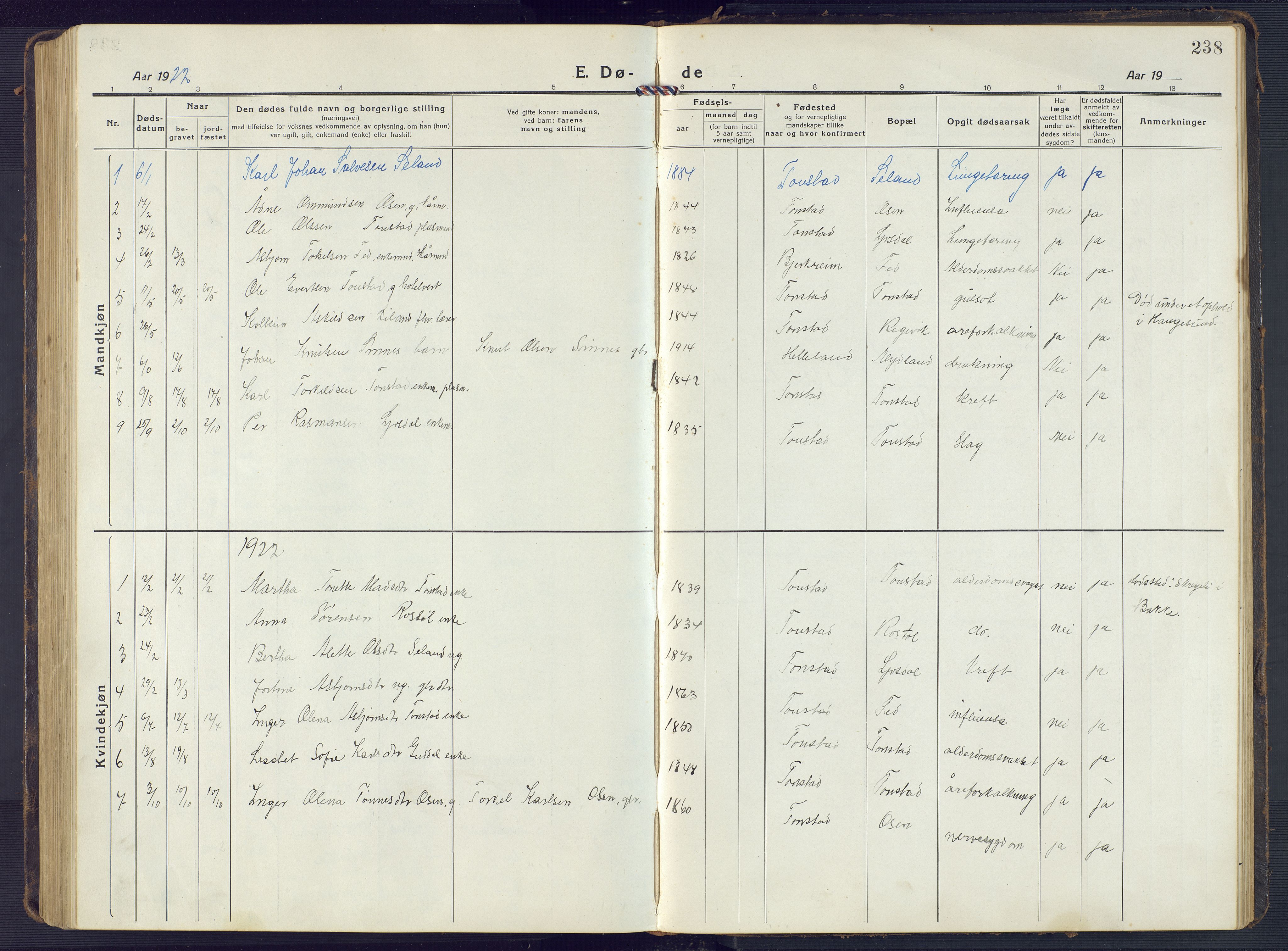 Sirdal sokneprestkontor, AV/SAK-1111-0036/F/Fb/Fbb/L0005: Parish register (copy) no. B 5, 1916-1960, p. 238