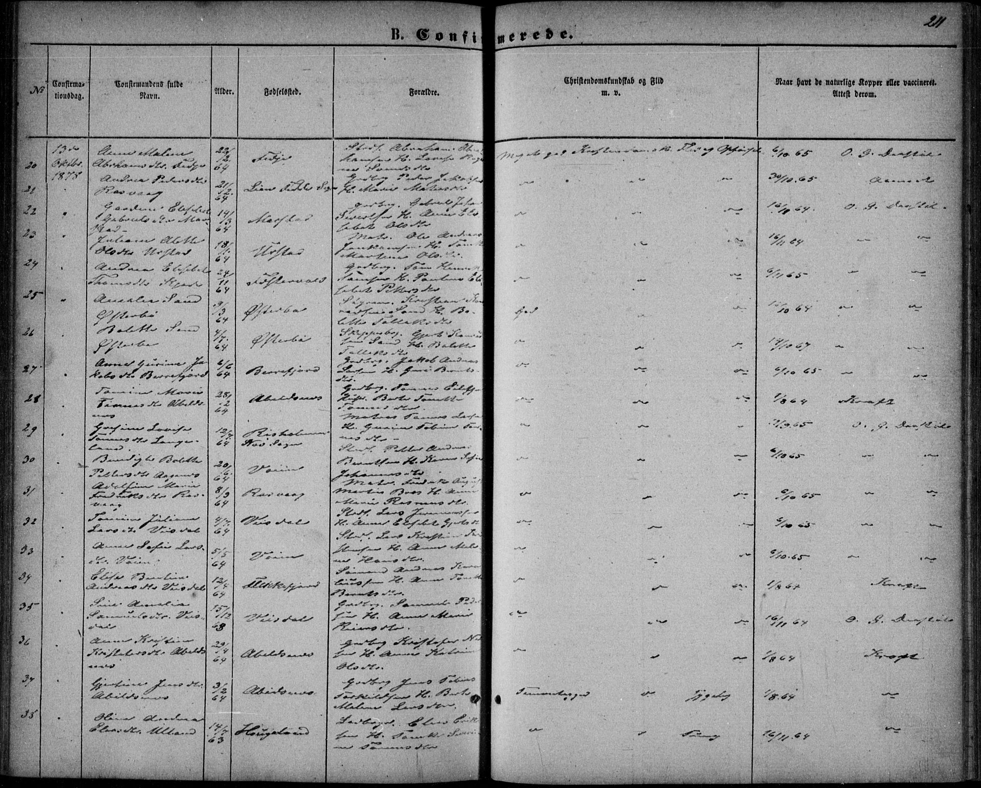 Flekkefjord sokneprestkontor, AV/SAK-1111-0012/F/Fb/Fbb/L0003: Parish register (copy) no. B 3, 1867-1889, p. 211