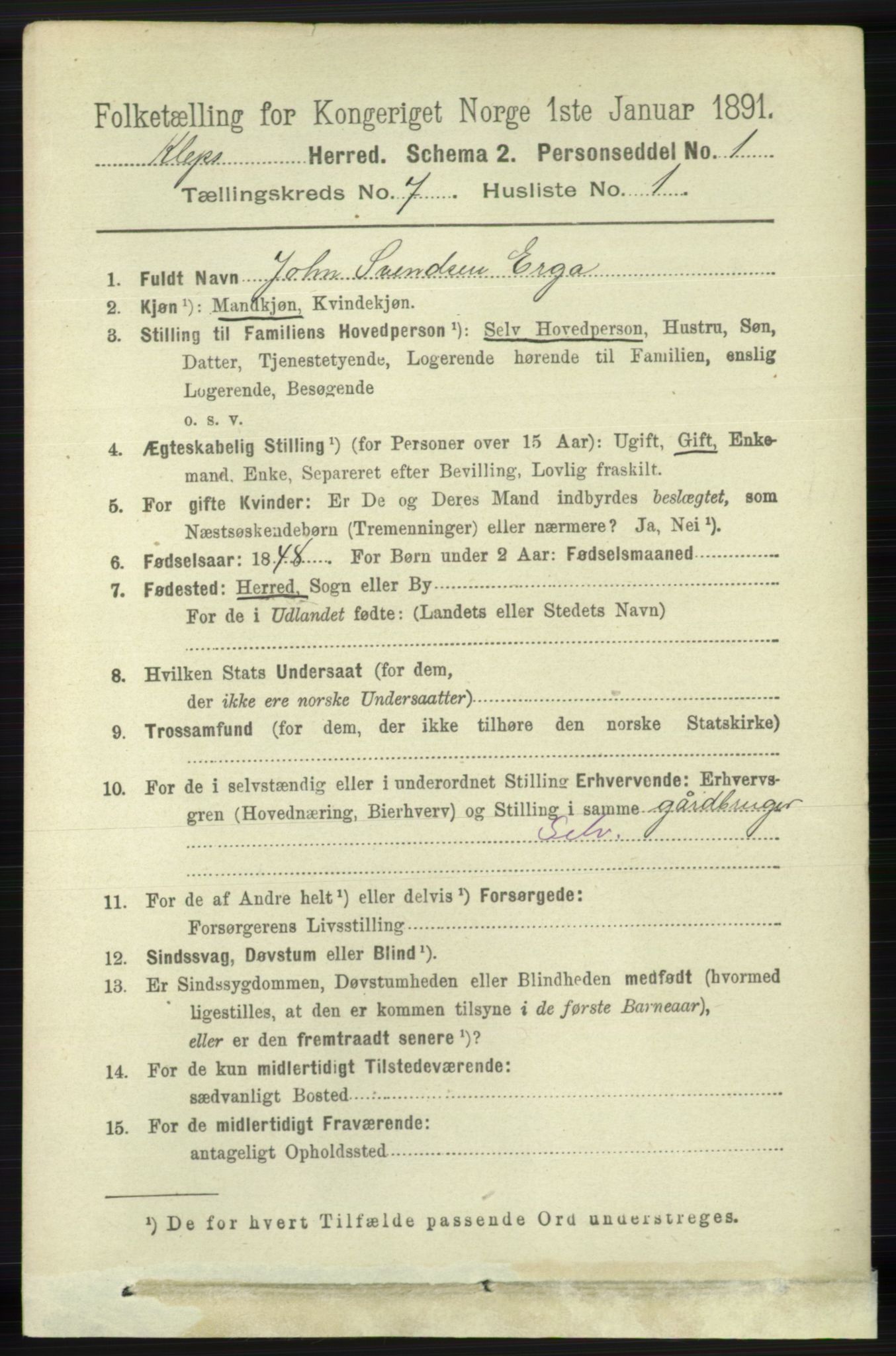 RA, 1891 census for 1120 Klepp, 1891, p. 2109