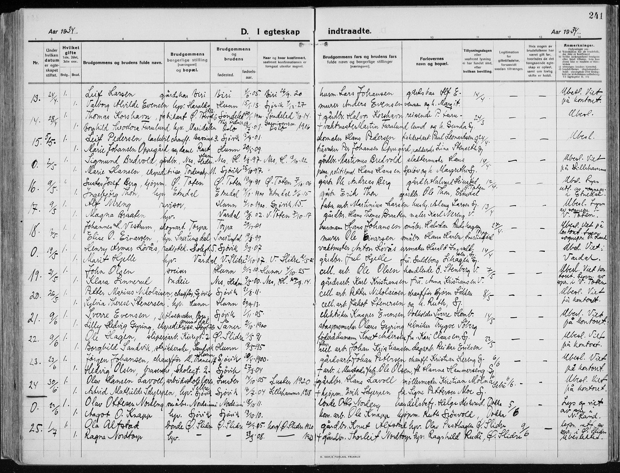 Vardal prestekontor, AV/SAH-PREST-100/H/Ha/Haa/L0015: Parish register (official) no. 15, 1923-1937, p. 241