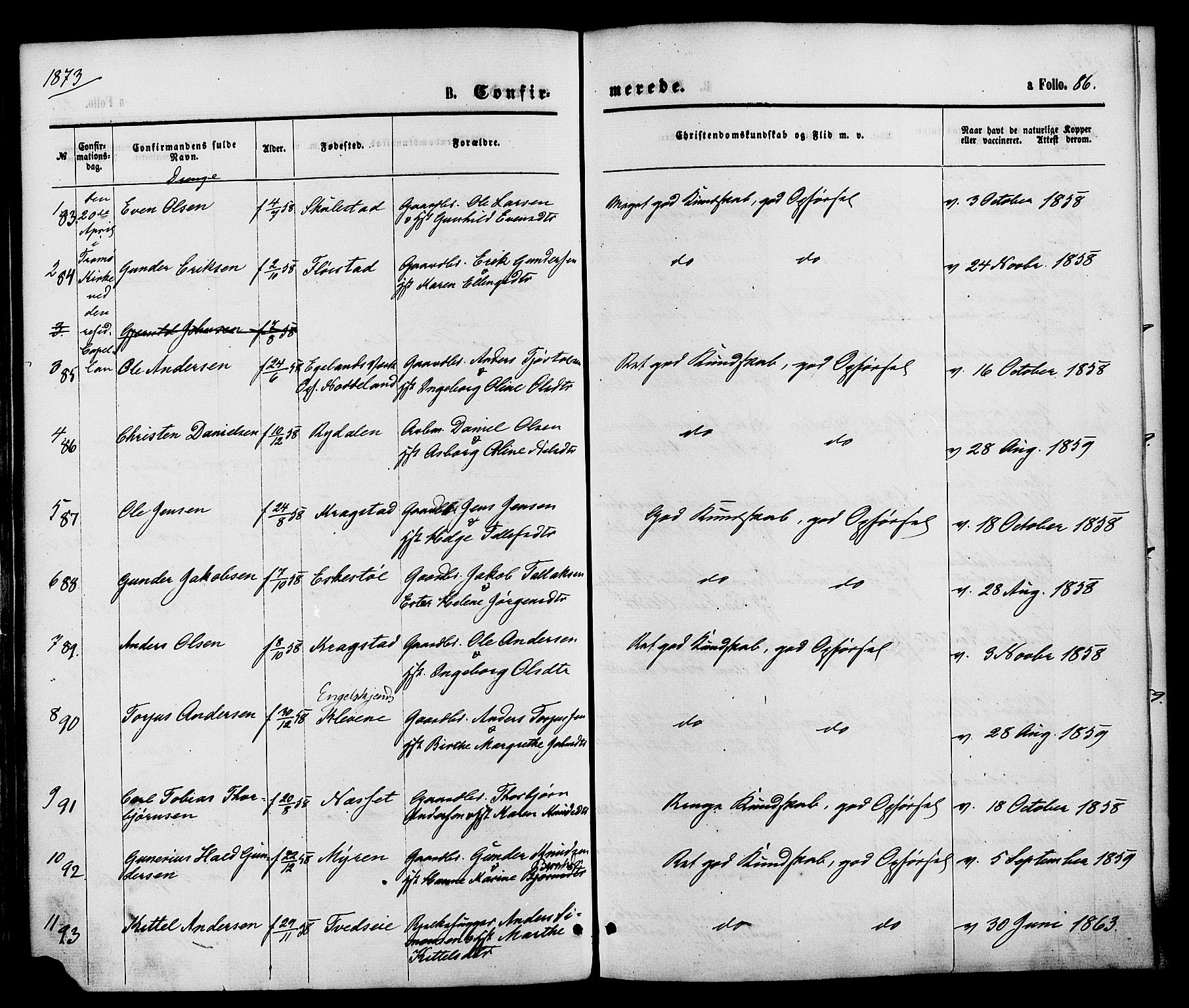 Austre Moland sokneprestkontor, SAK/1111-0001/F/Fa/Faa/L0009: Parish register (official) no. A 9, 1869-1879, p. 86