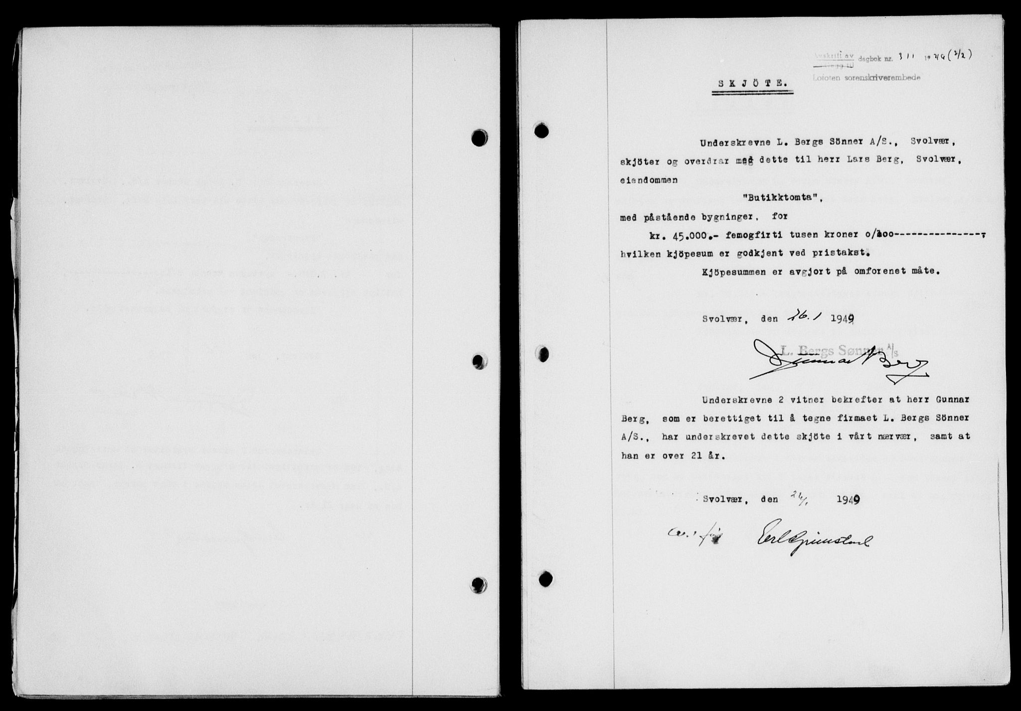 Lofoten sorenskriveri, SAT/A-0017/1/2/2C/L0020a: Mortgage book no. 20a, 1948-1949, Diary no: : 311/1949