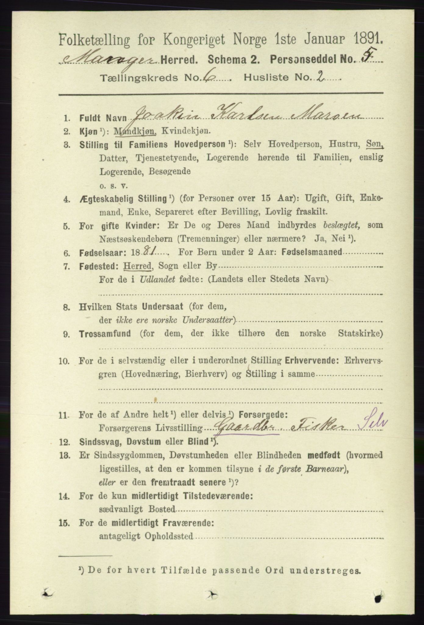 RA, 1891 census for 1261 Manger, 1891, p. 3419