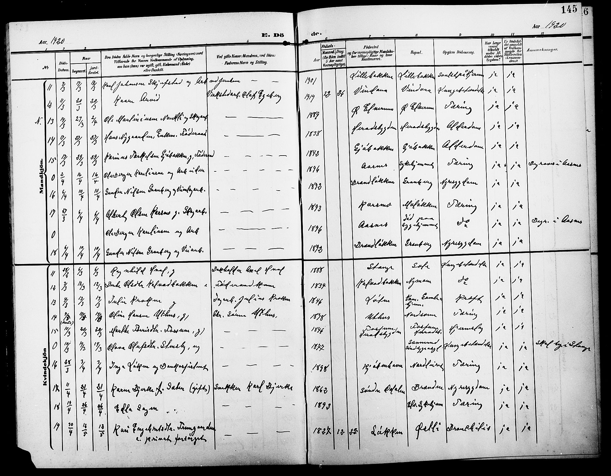 Elverum prestekontor, AV/SAH-PREST-044/H/Ha/Hab/L0009: Parish register (copy) no. 9, 1908-1921, p. 145