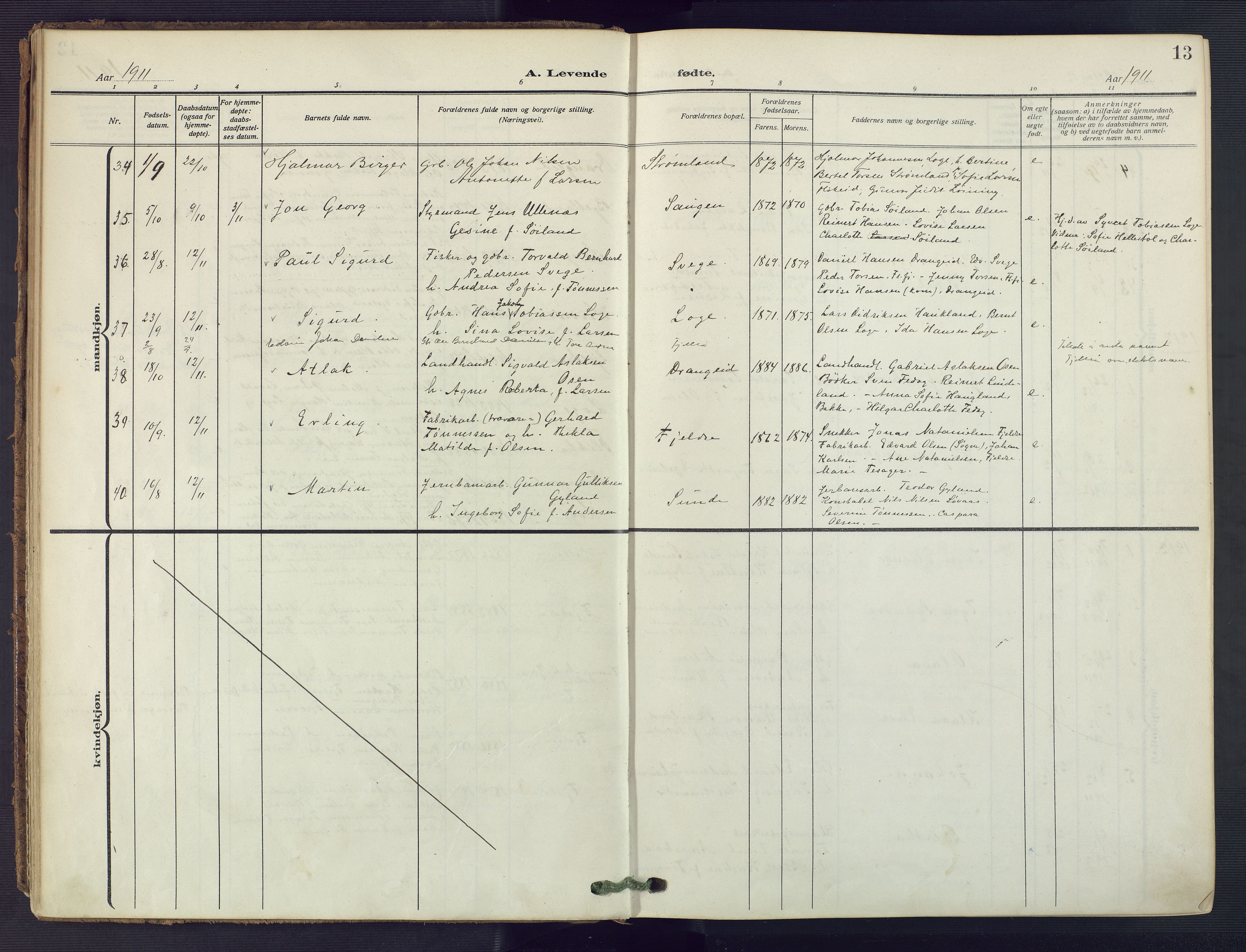 Flekkefjord sokneprestkontor, AV/SAK-1111-0012/F/Fa/Fac/L0010: Parish register (official) no. A 10, 1910-1927, p. 13