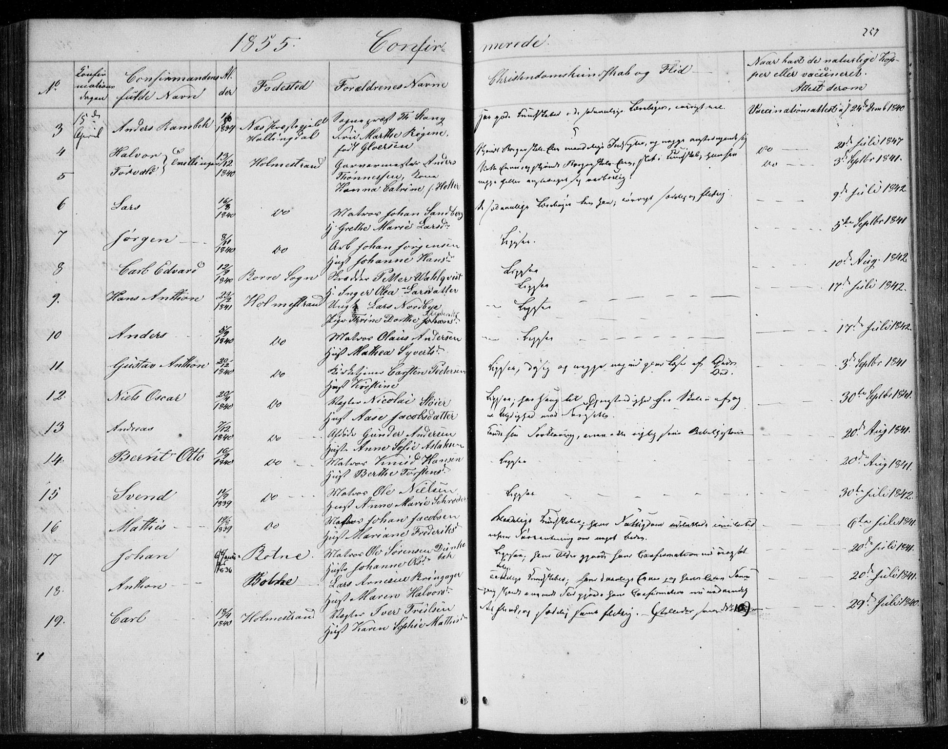 Holmestrand kirkebøker, AV/SAKO-A-346/F/Fa/L0002: Parish register (official) no. 2, 1840-1866, p. 257