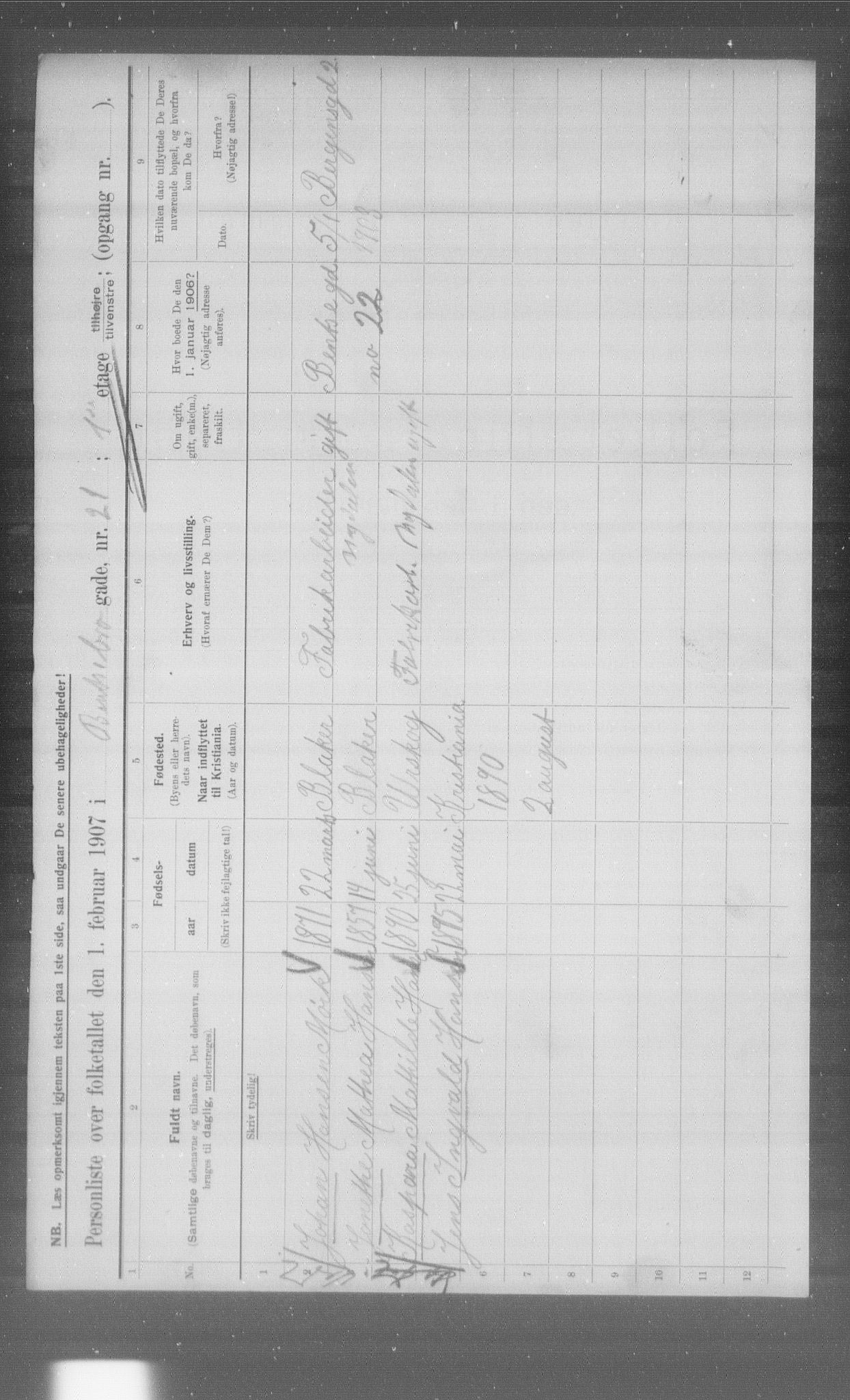 OBA, Municipal Census 1907 for Kristiania, 1907, p. 1915