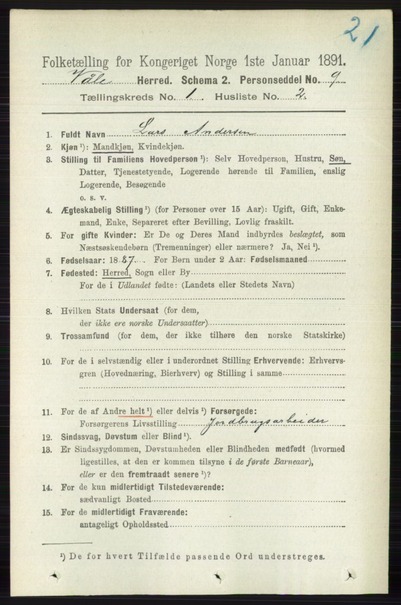 RA, 1891 census for 0716 Våle, 1891, p. 98