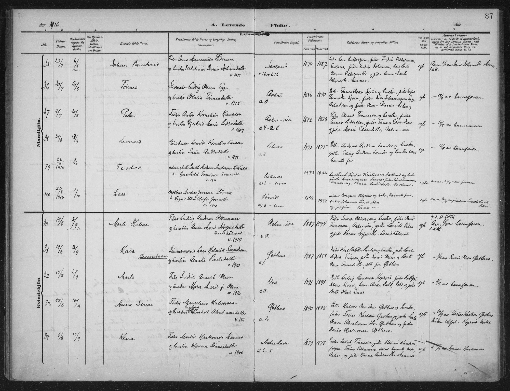 Kopervik sokneprestkontor, AV/SAST-A-101850/H/Ha/Haa/L0005: Parish register (official) no. A 5, 1906-1924, p. 87