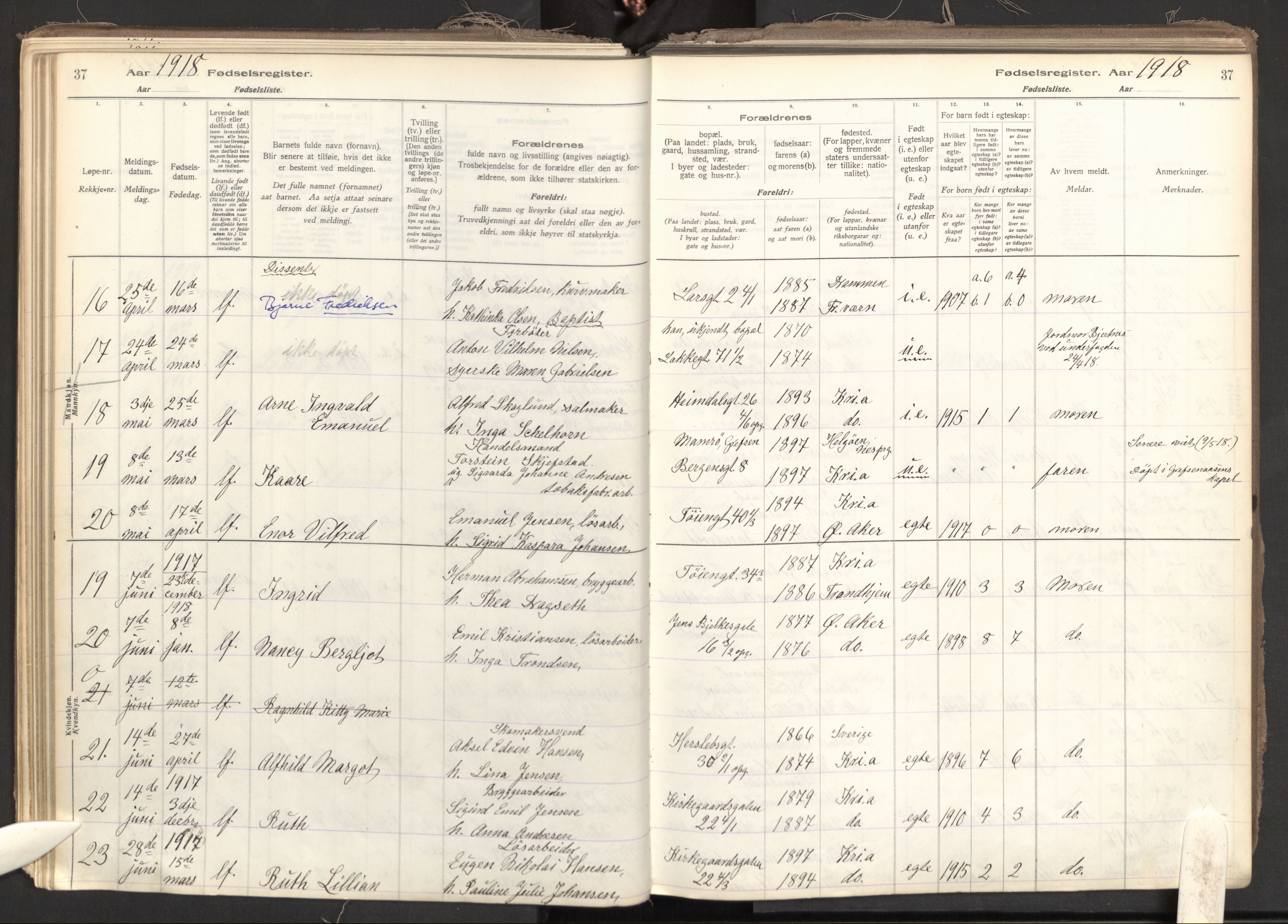 Tøyen prestekontor Kirkebøker, SAO/A-10167a/J/Ja/L0001: Birth register no. 1, 1916-1944, p. 37