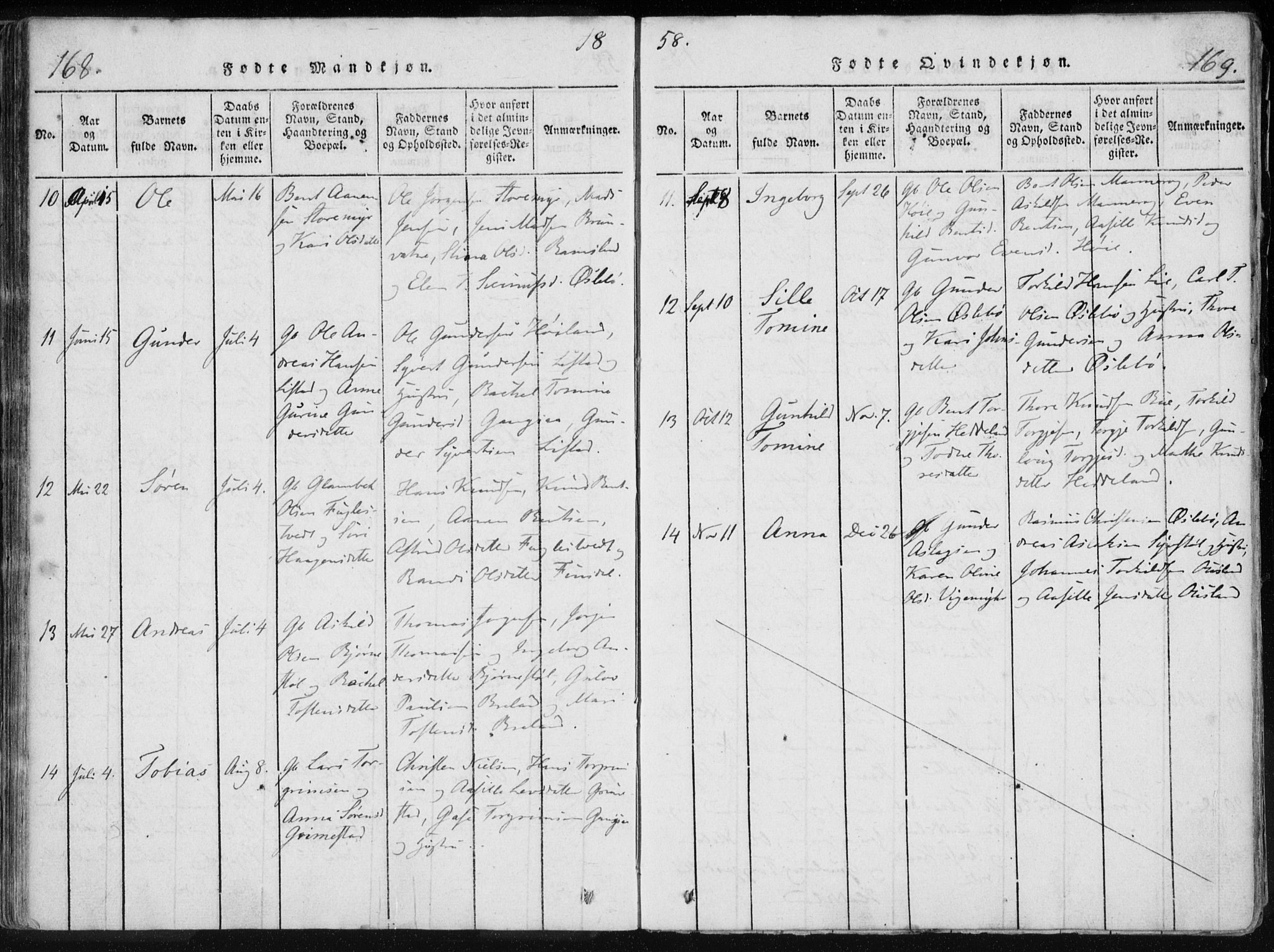 Holum sokneprestkontor, AV/SAK-1111-0022/F/Fa/Fac/L0002: Parish register (official) no. A 2, 1821-1859, p. 168-169