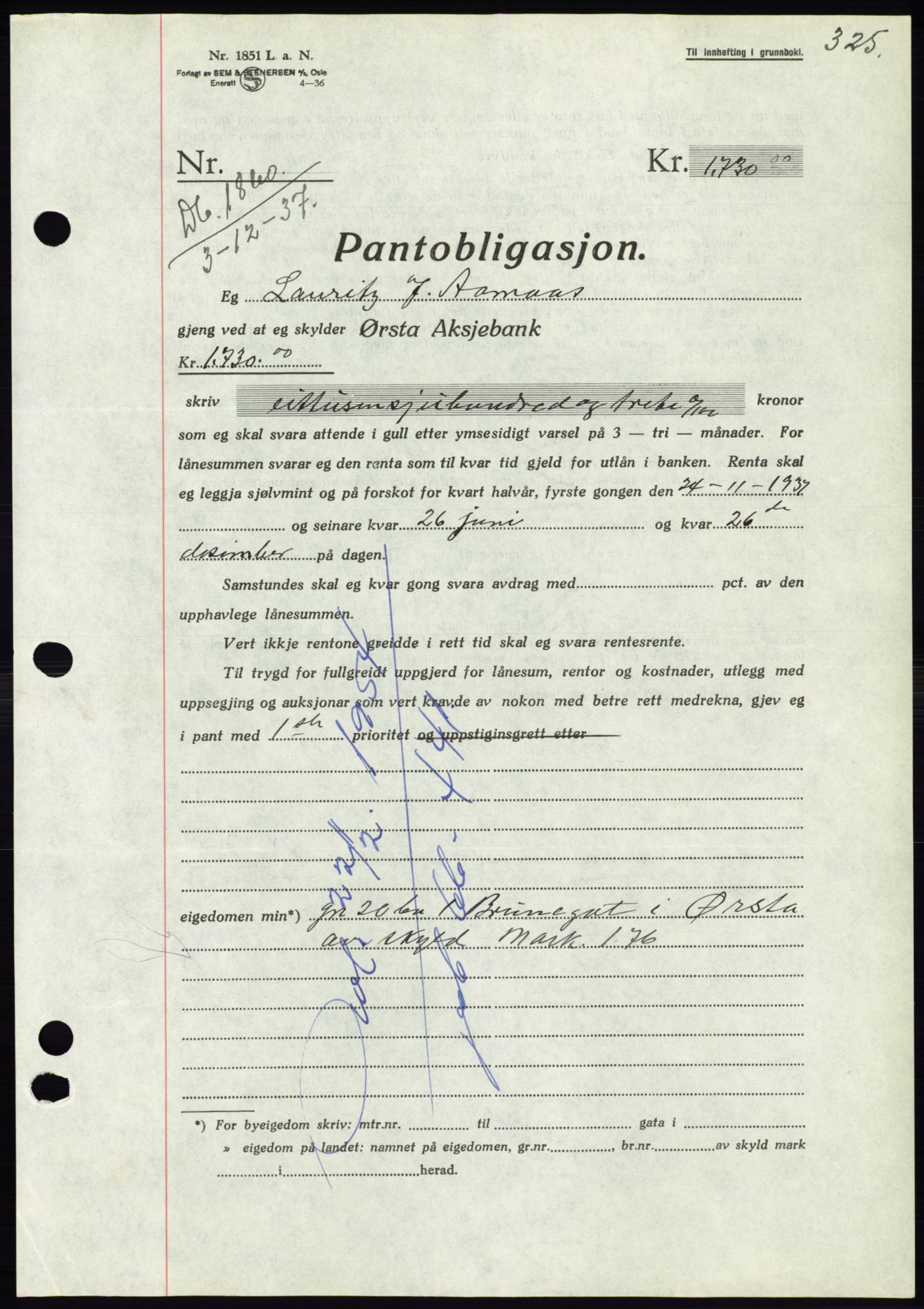 Søre Sunnmøre sorenskriveri, AV/SAT-A-4122/1/2/2C/L0064: Mortgage book no. 58, 1937-1938, Diary no: : 1860/1937