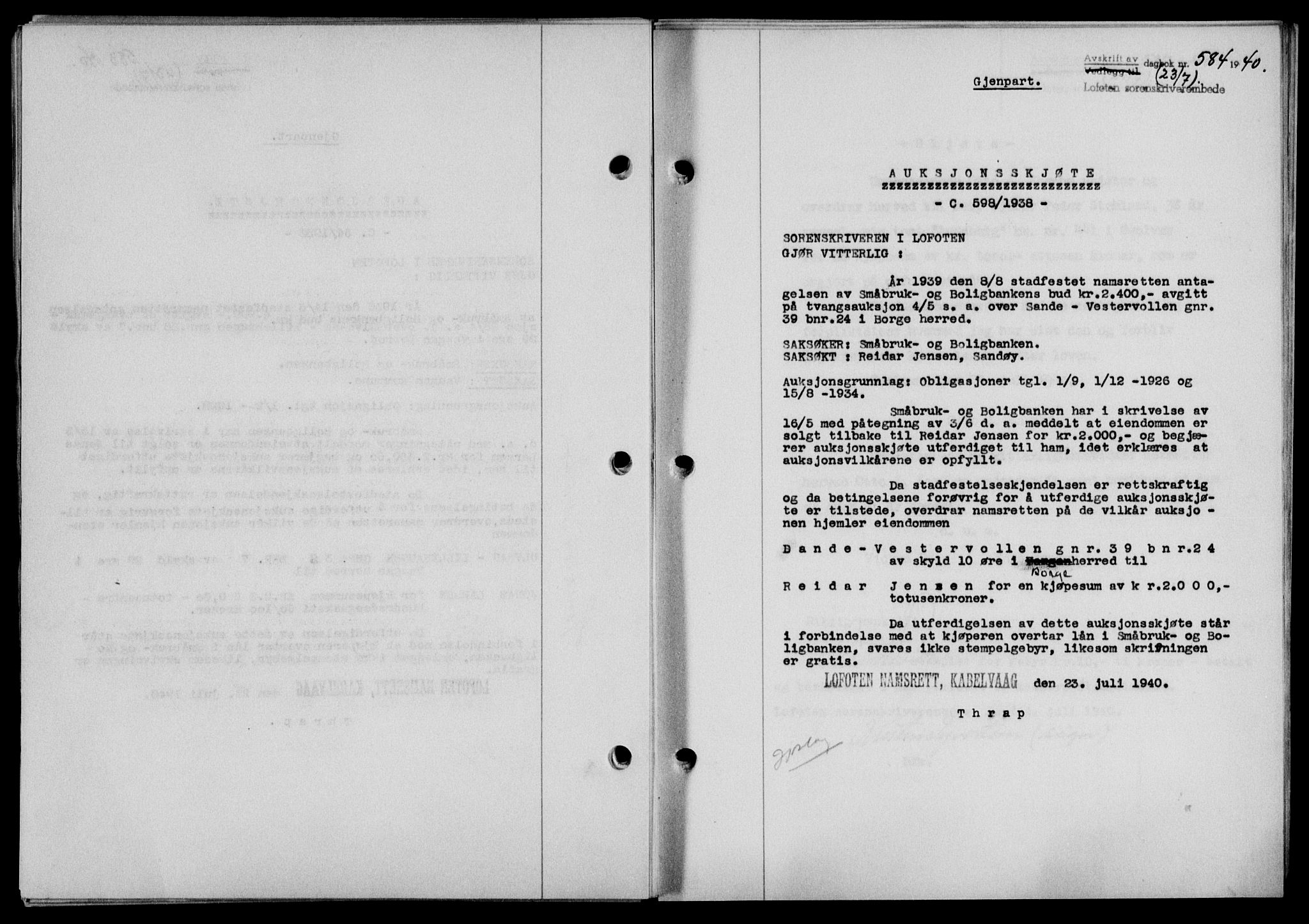 Lofoten sorenskriveri, SAT/A-0017/1/2/2C/L0007a: Mortgage book no. 7a, 1939-1940, Diary no: : 584/1940