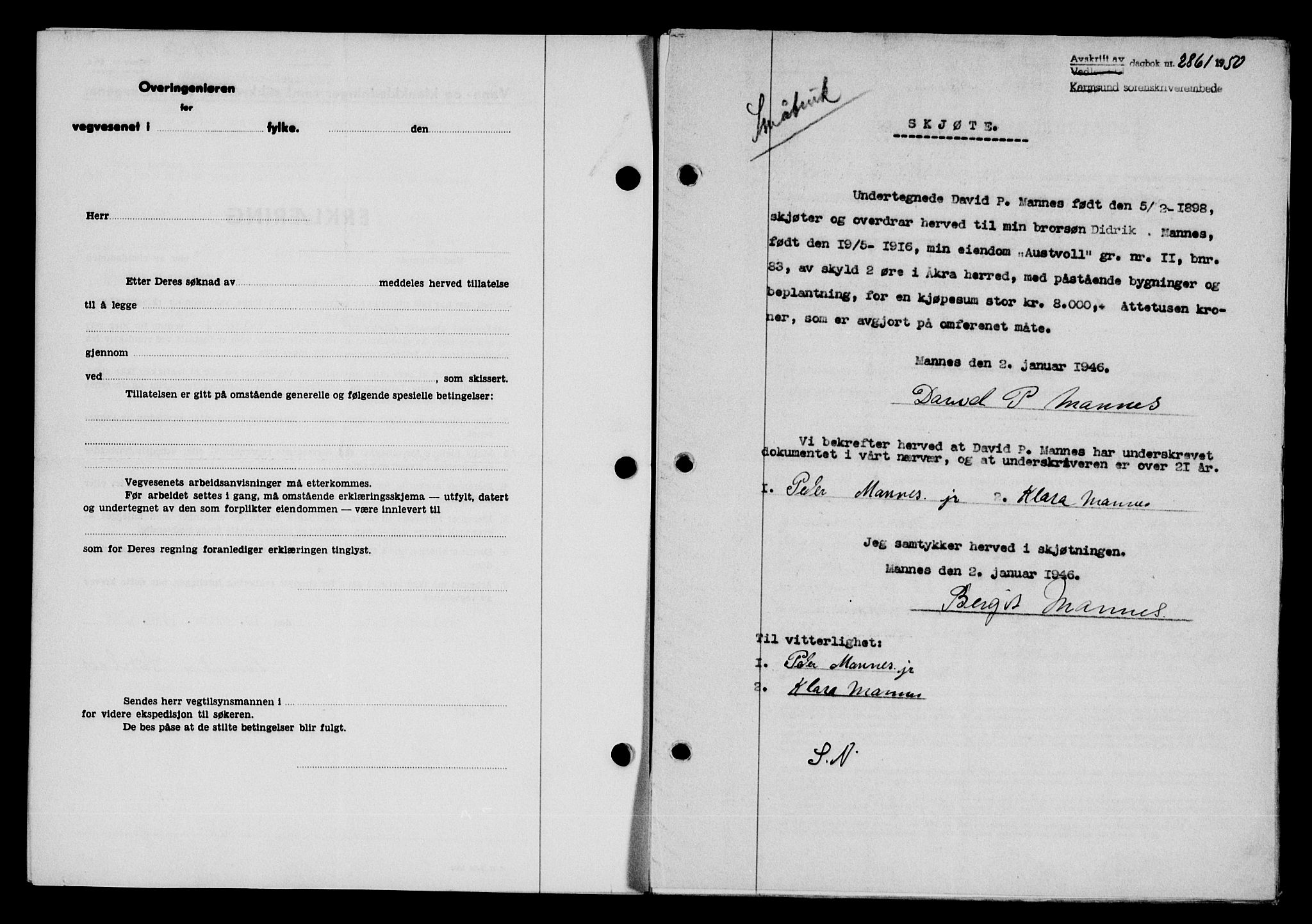 Karmsund sorenskriveri, SAST/A-100311/01/II/IIB/L0101: Mortgage book no. 81A, 1950-1951, Diary no: : 2861/1950