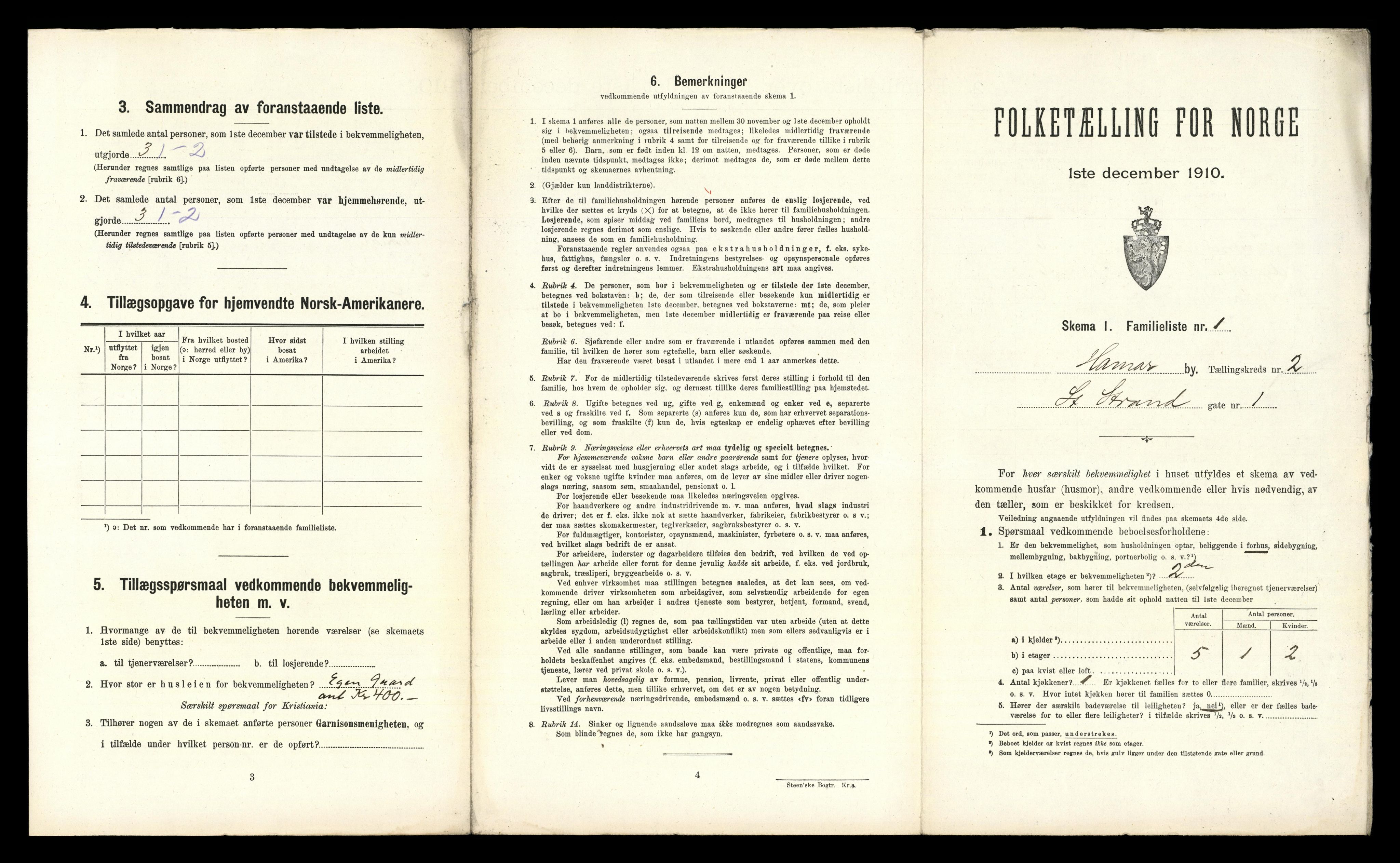 RA, 1910 census for Hamar, 1910, p. 407