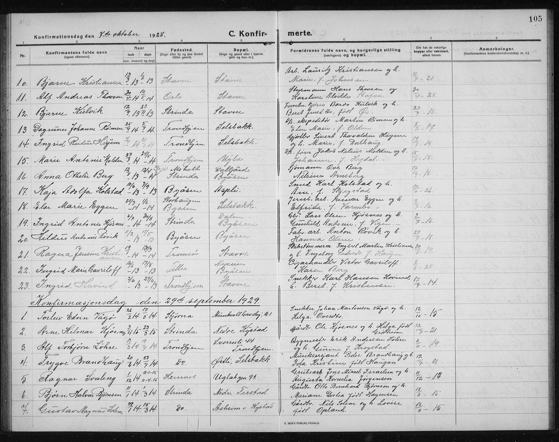 Ministerialprotokoller, klokkerbøker og fødselsregistre - Sør-Trøndelag, SAT/A-1456/611/L0356: Parish register (copy) no. 611C04, 1914-1938, p. 105