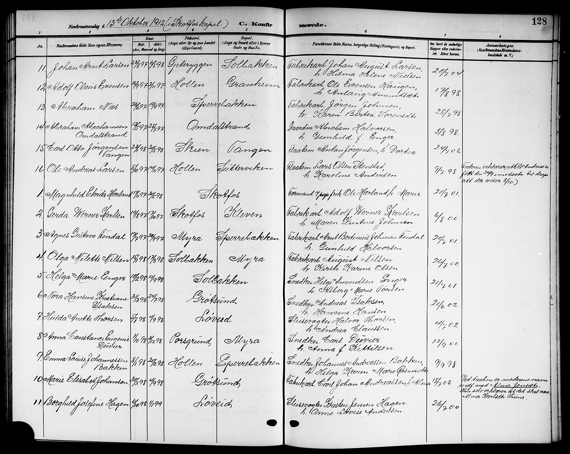 Solum kirkebøker, AV/SAKO-A-306/G/Gb/L0005: Parish register (copy) no. II 5, 1905-1914, p. 128