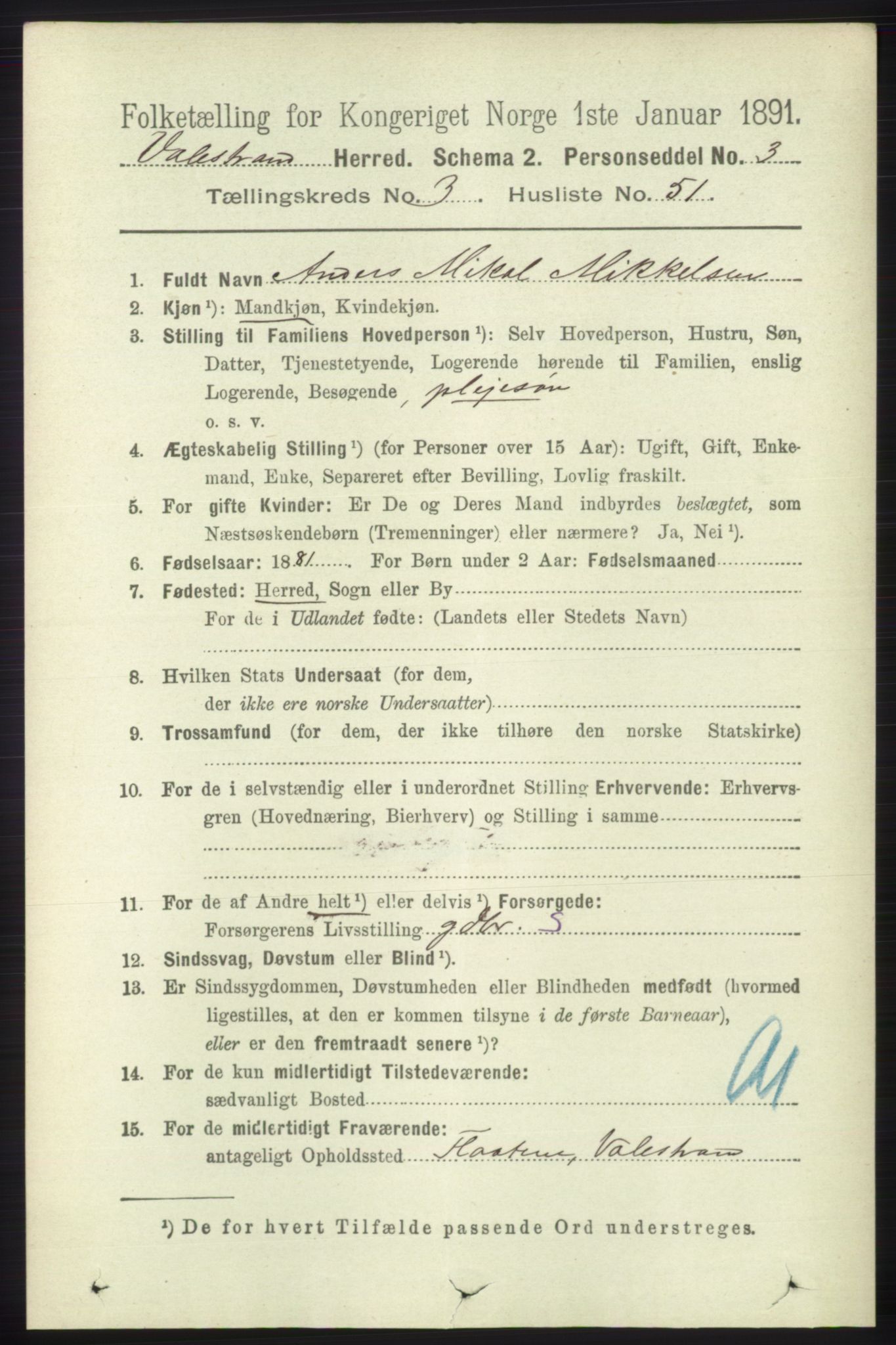 RA, 1891 census for 1217 Valestrand, 1891, p. 821