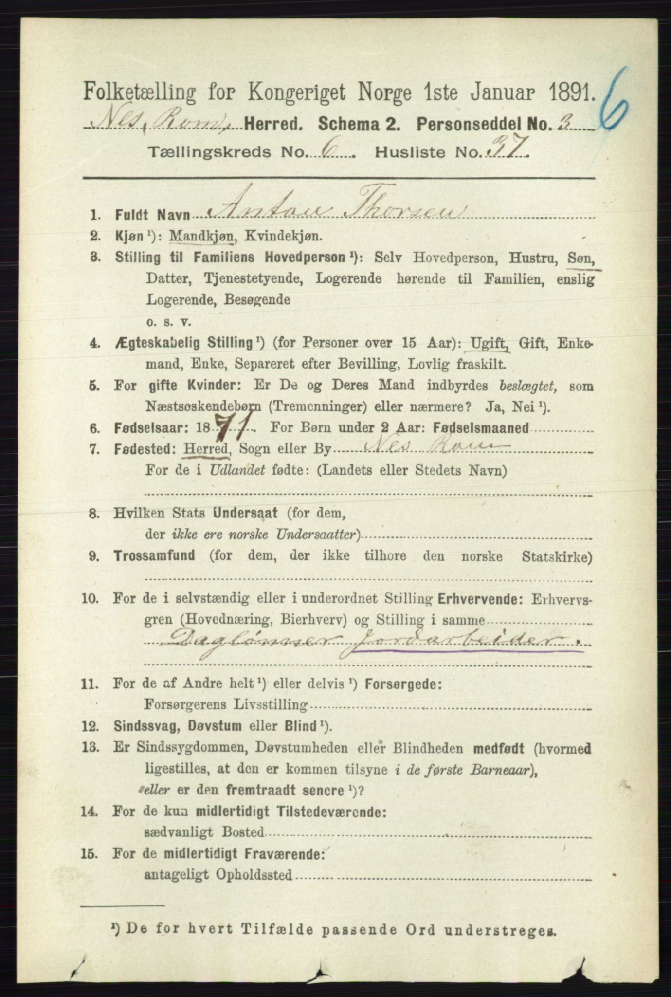 RA, 1891 census for 0236 Nes, 1891, p. 3615