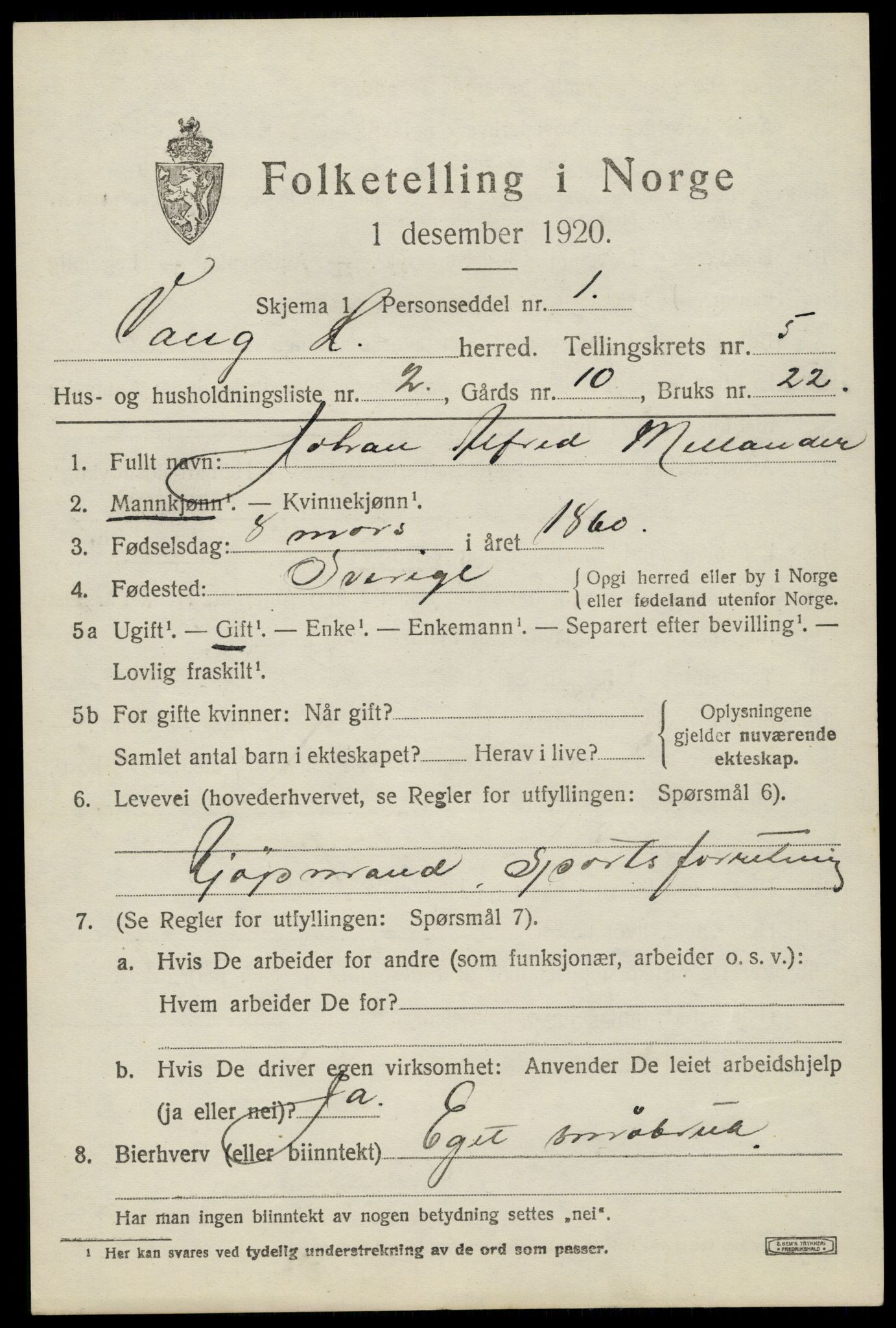 SAH, 1920 census for Vang (Hedmark), 1920, p. 13851