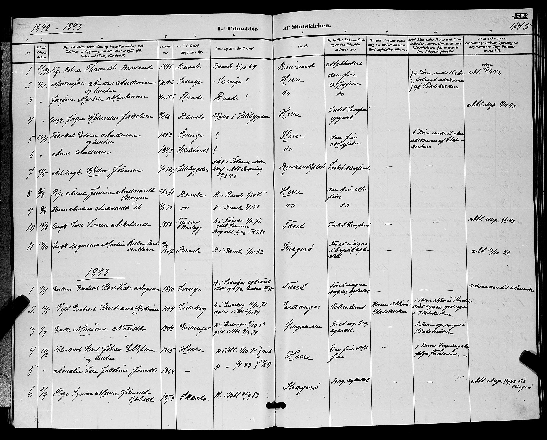 Bamble kirkebøker, AV/SAKO-A-253/G/Ga/L0009: Parish register (copy) no. I 9, 1888-1900, p. 445