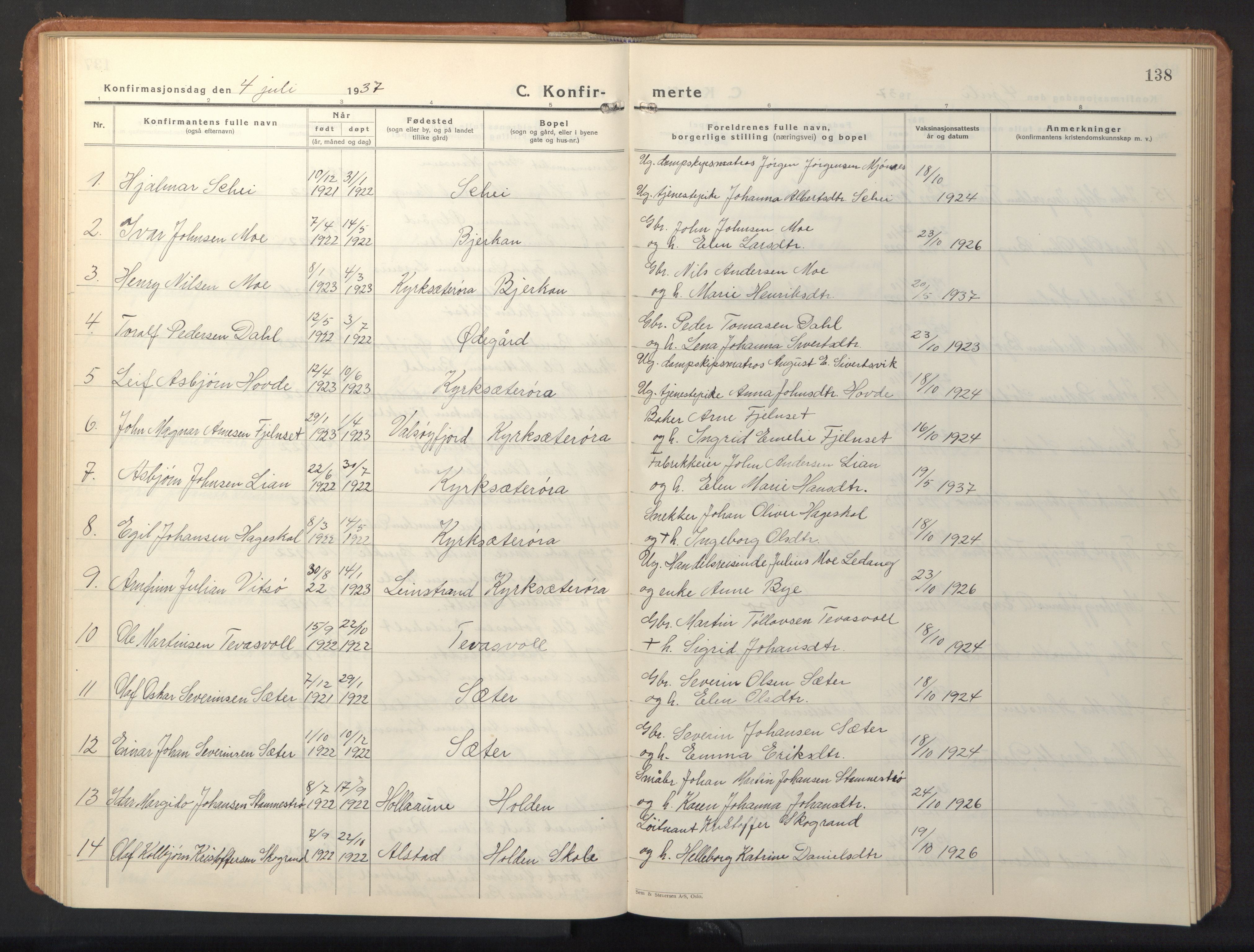 Ministerialprotokoller, klokkerbøker og fødselsregistre - Sør-Trøndelag, SAT/A-1456/630/L0508: Parish register (copy) no. 630C06, 1933-1950, p. 138