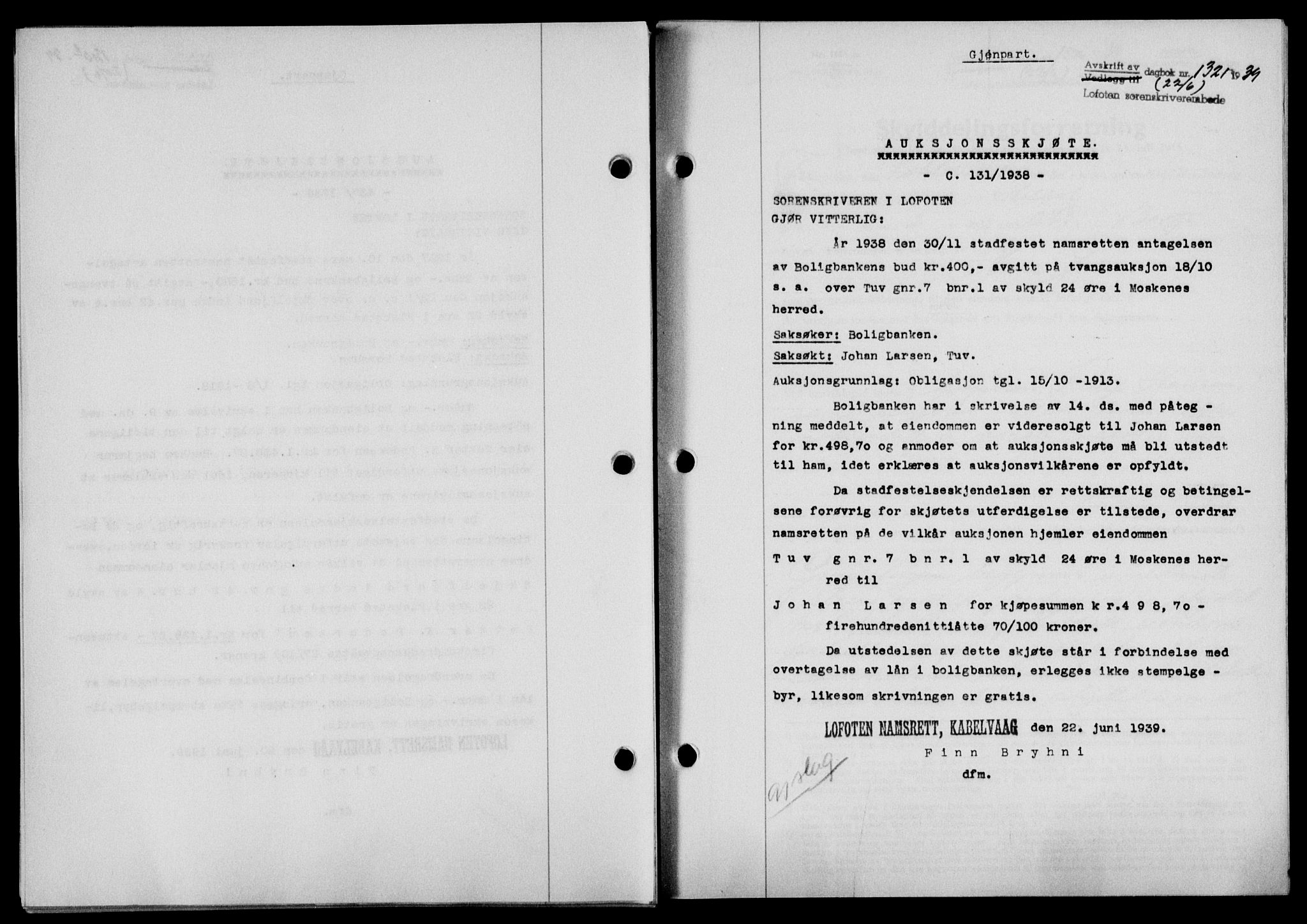 Lofoten sorenskriveri, SAT/A-0017/1/2/2C/L0005a: Mortgage book no. 5a, 1939-1939, Diary no: : 1321/1939