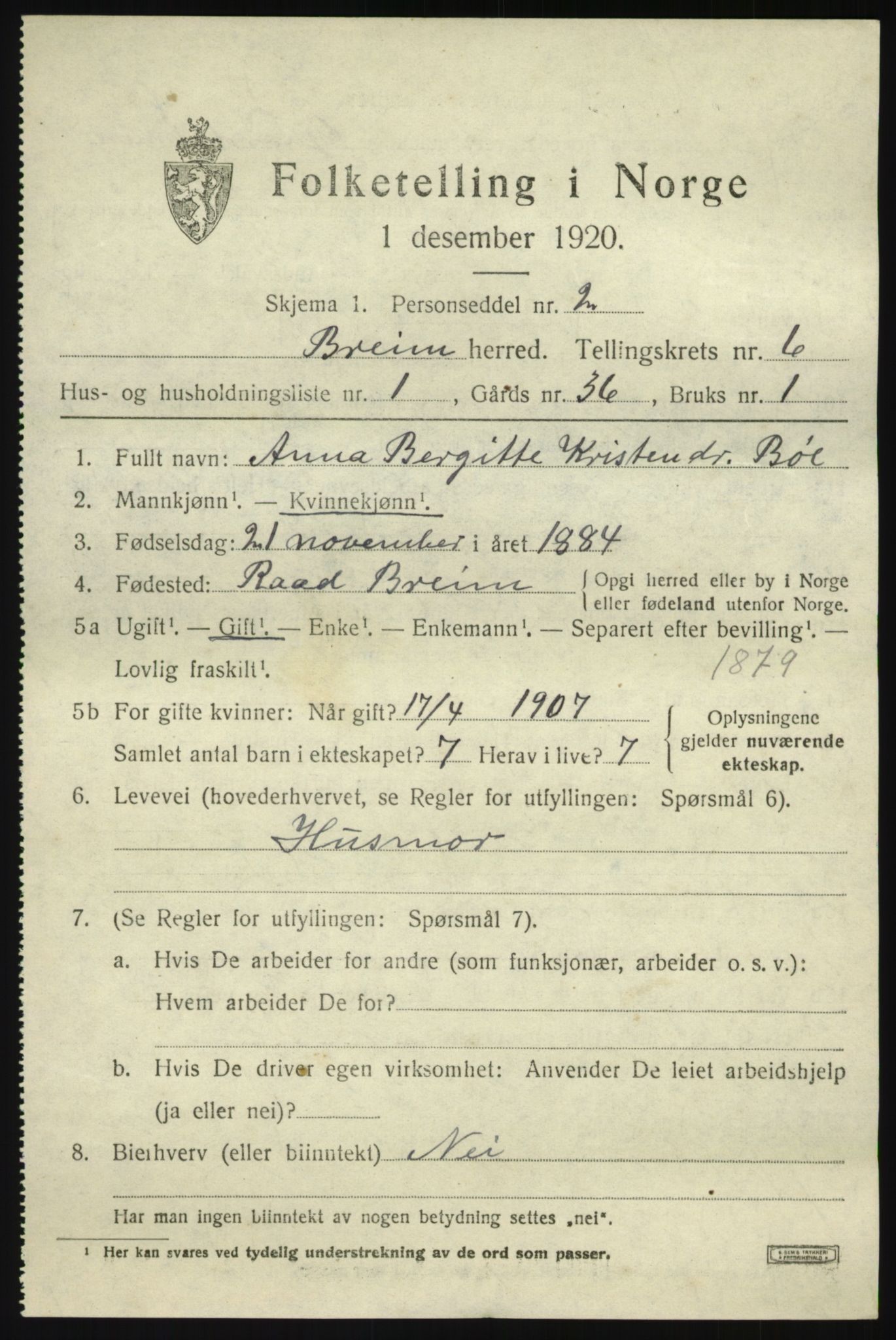 SAB, 1920 census for Breim, 1920, p. 3497