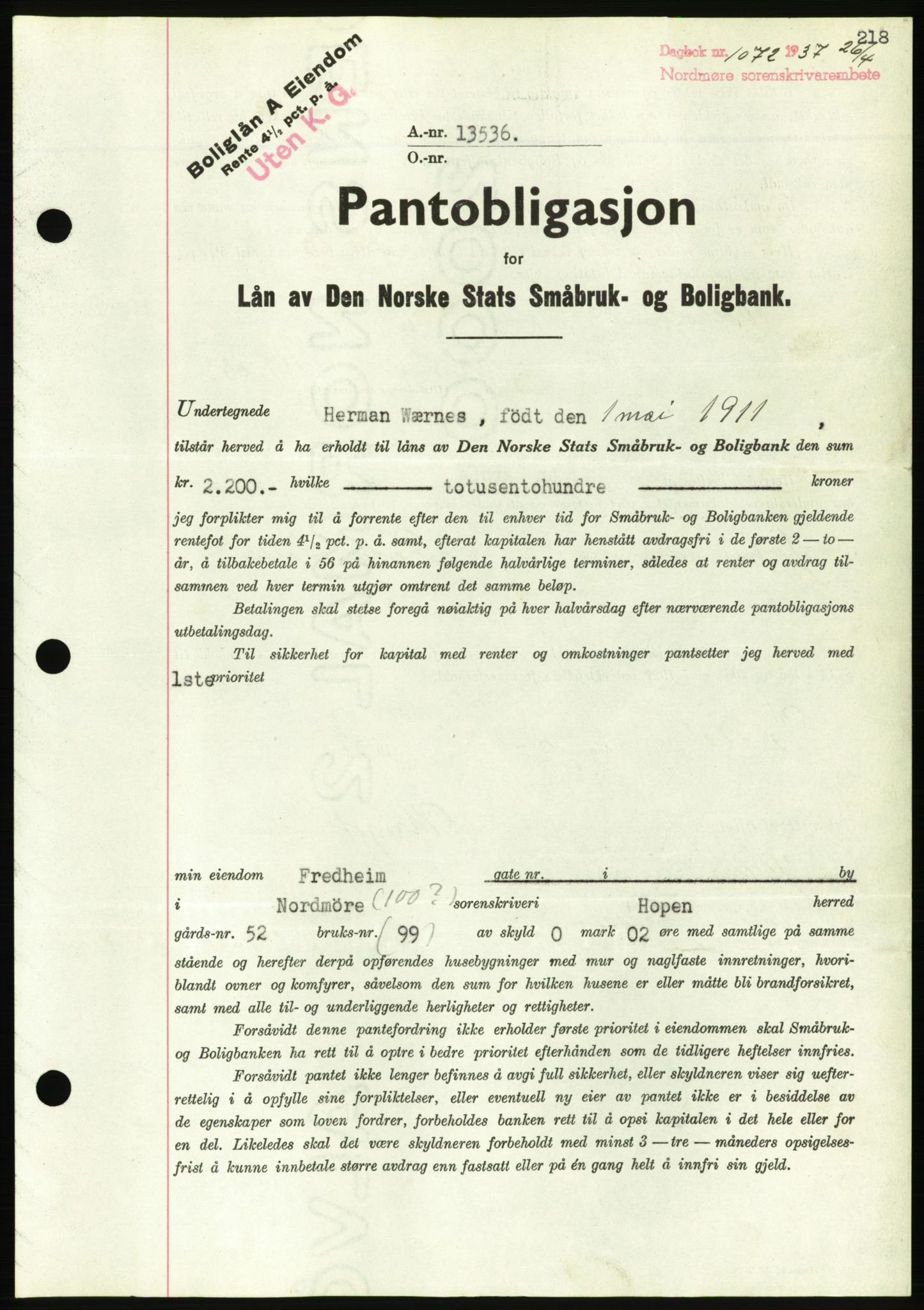 Nordmøre sorenskriveri, AV/SAT-A-4132/1/2/2Ca/L0091: Mortgage book no. B81, 1937-1937, Diary no: : 1072/1937