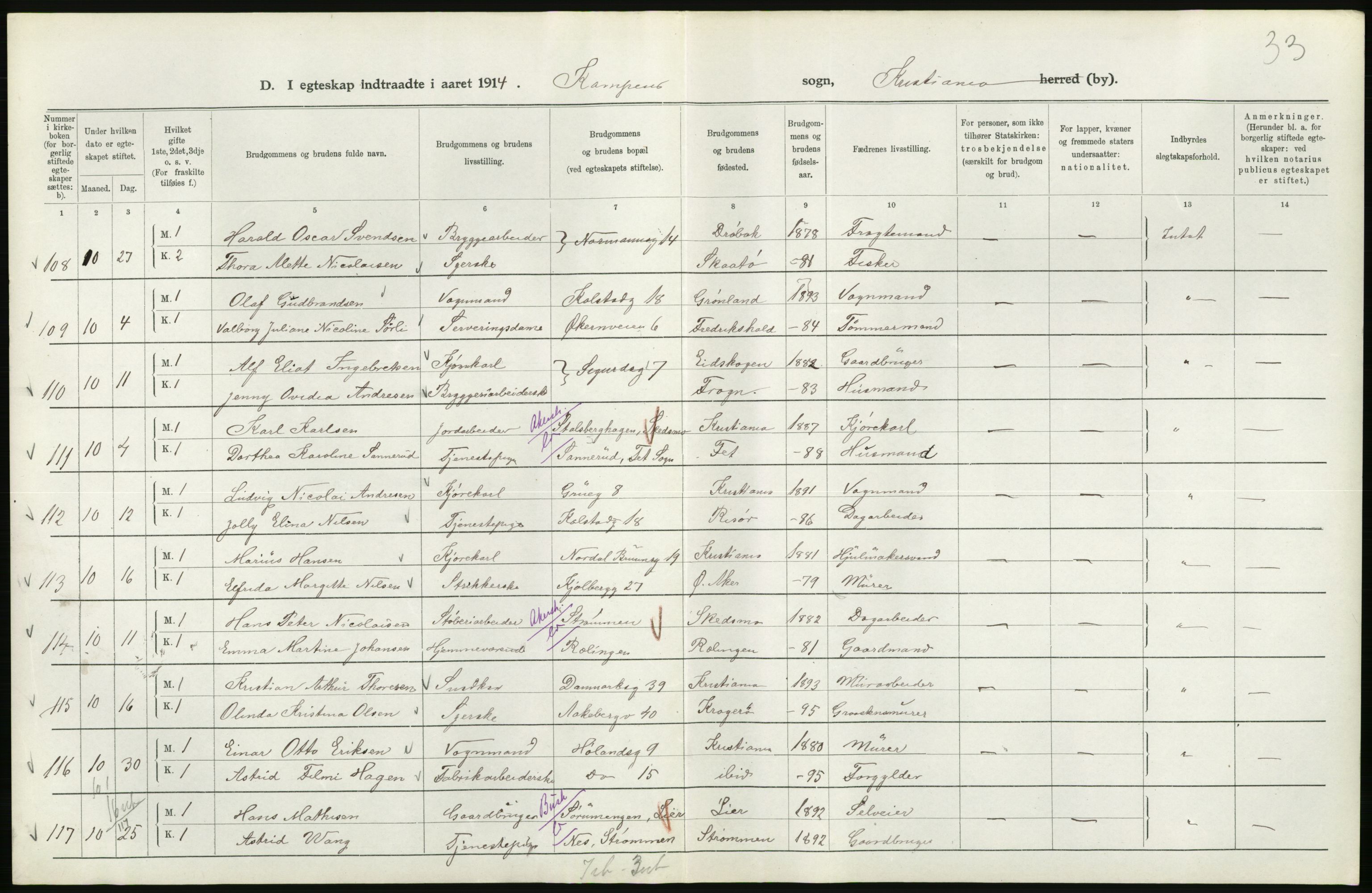 Statistisk sentralbyrå, Sosiodemografiske emner, Befolkning, AV/RA-S-2228/D/Df/Dfb/Dfbd/L0007: Kristiania: Gifte, 1914, p. 274