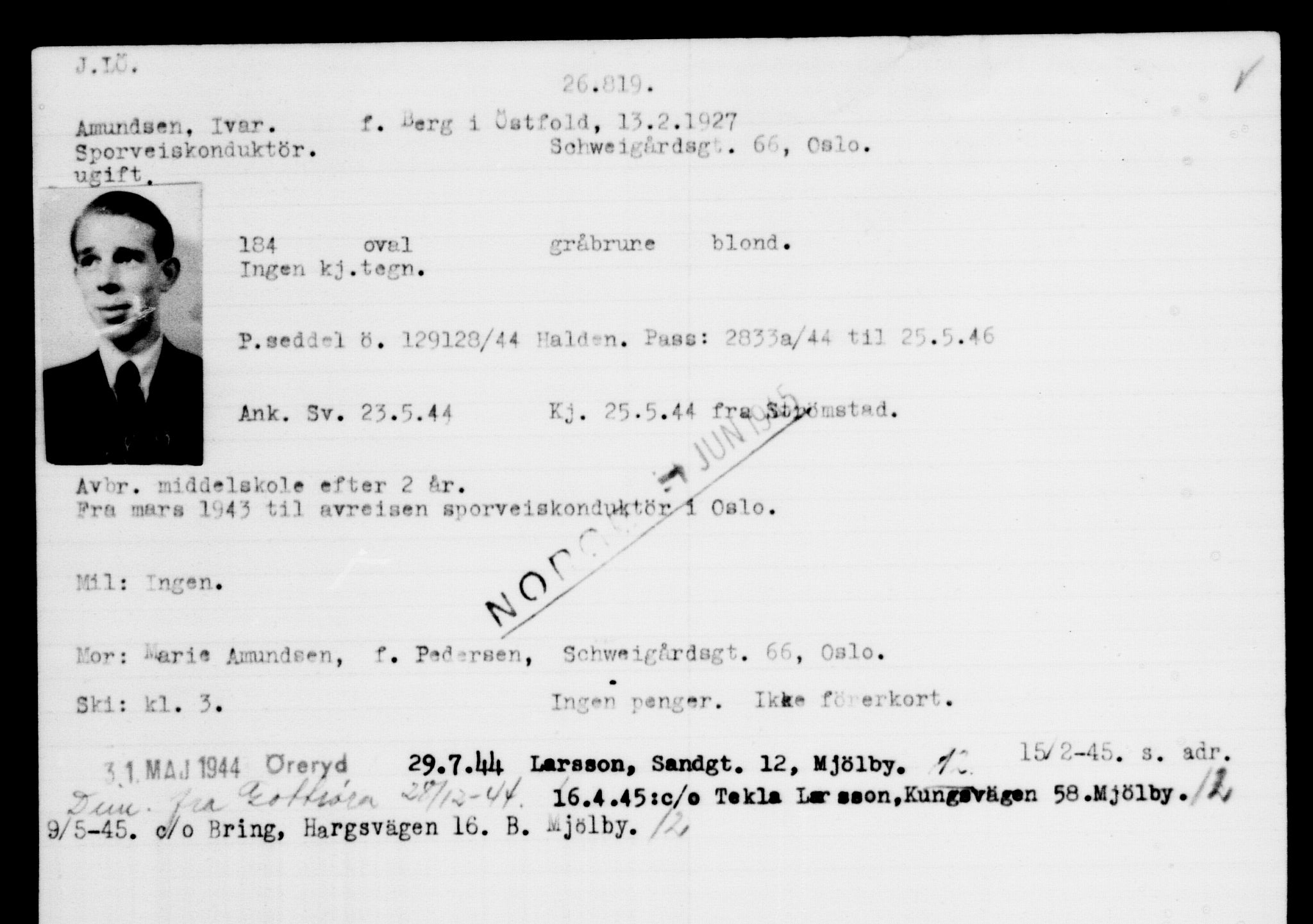 Utenriksstasjonene, Legasjonen i Stockholm, Flyktningkontoret, AV/RA-S-6753/V/Va/L0011: Kjesäterkartoteket, flyktninger med registreringsnr. 25300-28349, 1940-1945, p. 1595