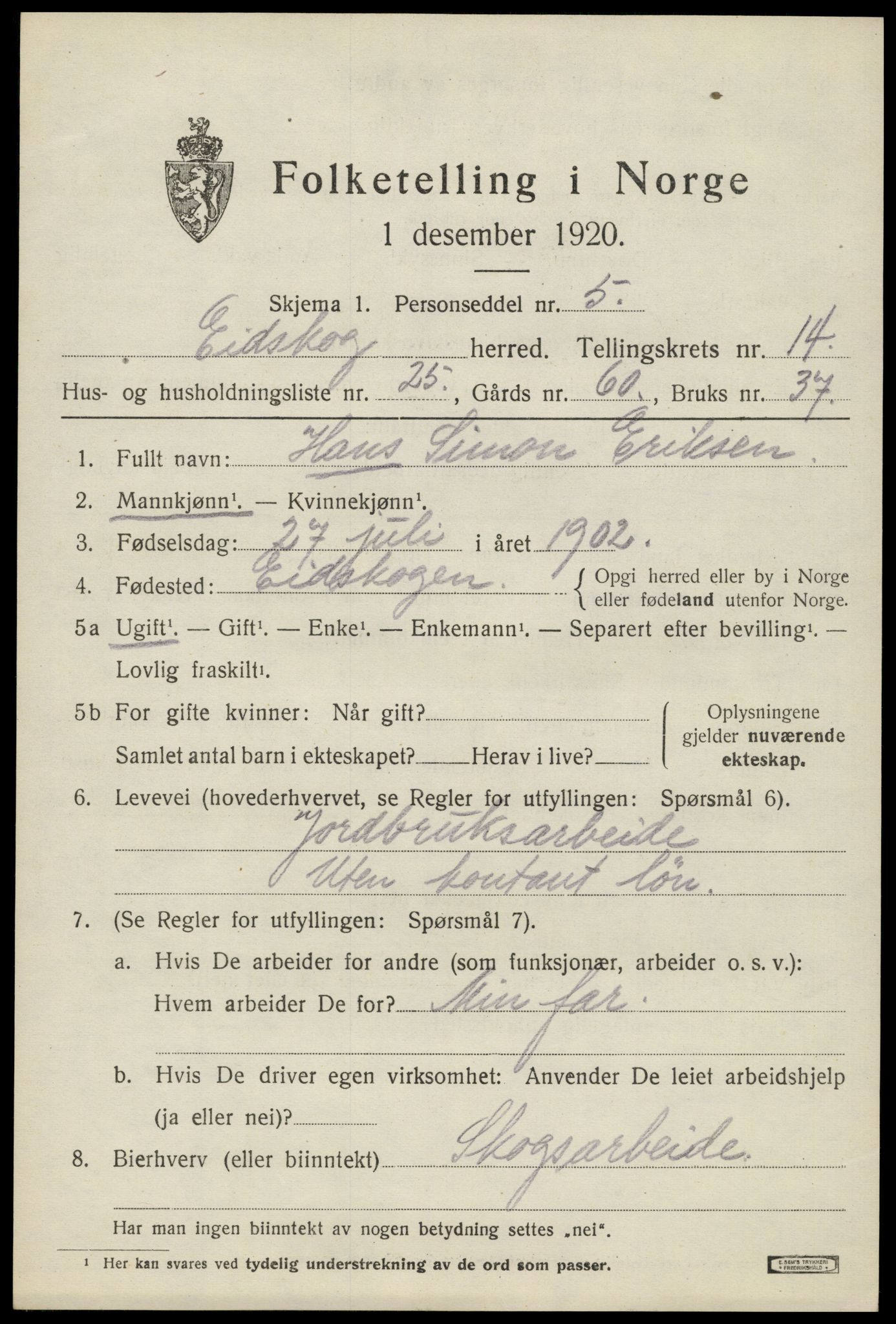 SAH, 1920 census for Eidskog, 1920, p. 13637