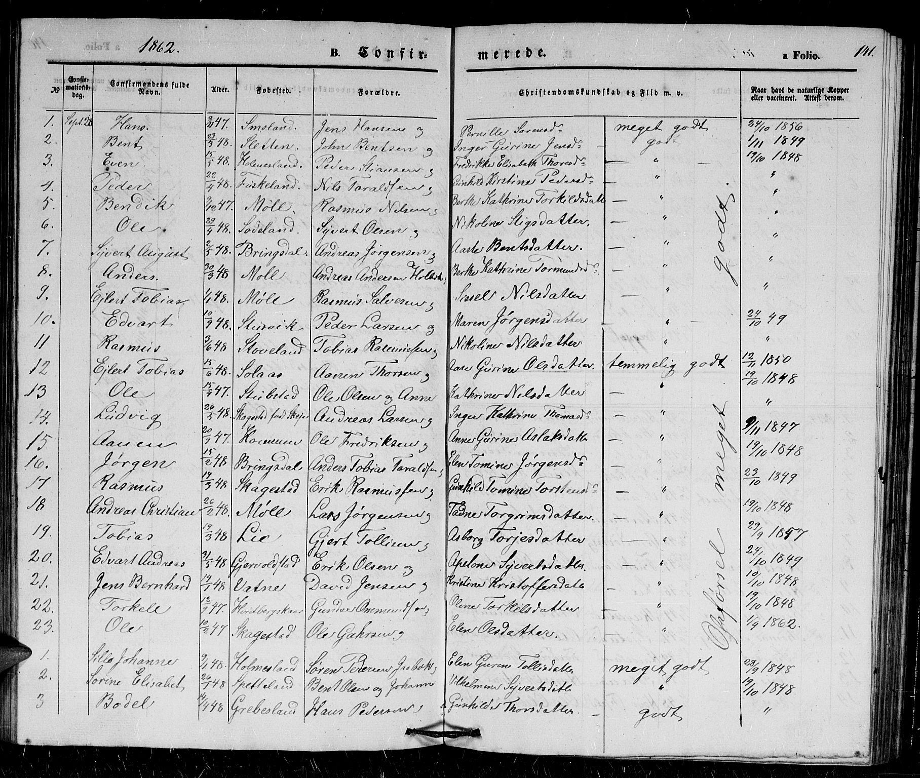 Holum sokneprestkontor, AV/SAK-1111-0022/F/Fb/Fba/L0003: Parish register (copy) no. B 3, 1850-1866, p. 141