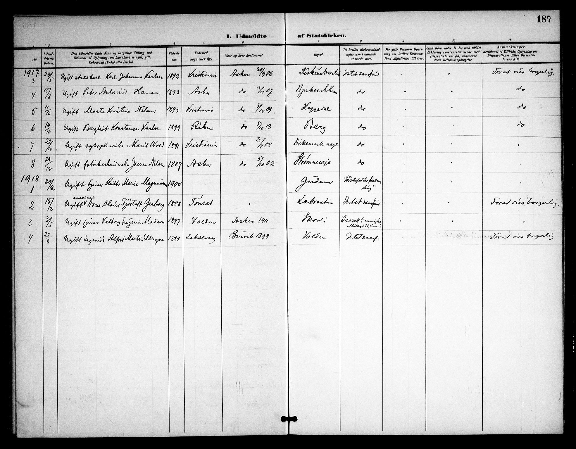 Asker prestekontor Kirkebøker, SAO/A-10256a/F/Fa/L0016: Parish register (official) no. I 16, 1900-1917, p. 187