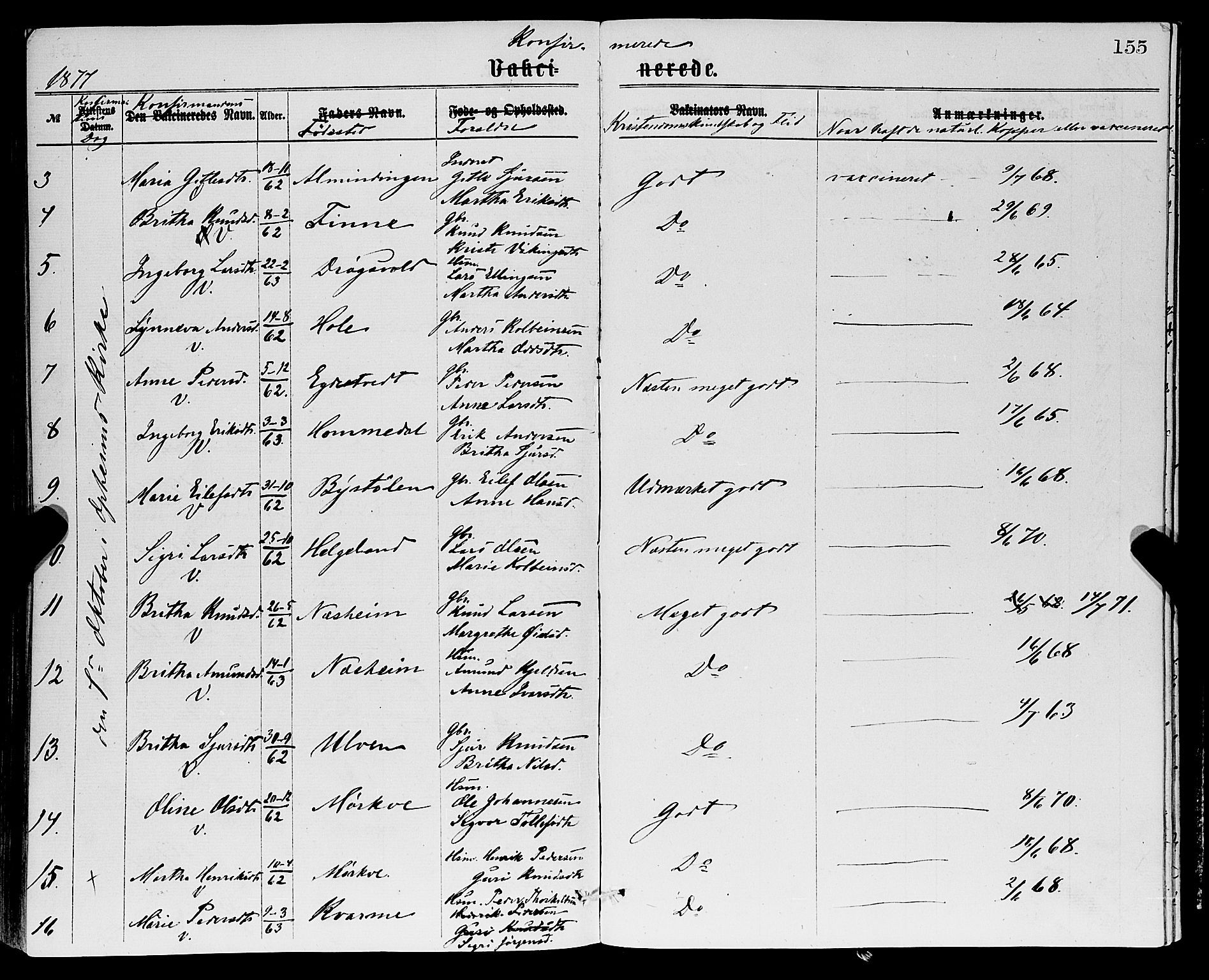 Vossestrand Sokneprestembete, AV/SAB-A-79101/H/Haa: Parish register (official) no. A 1, 1866-1877, p. 155