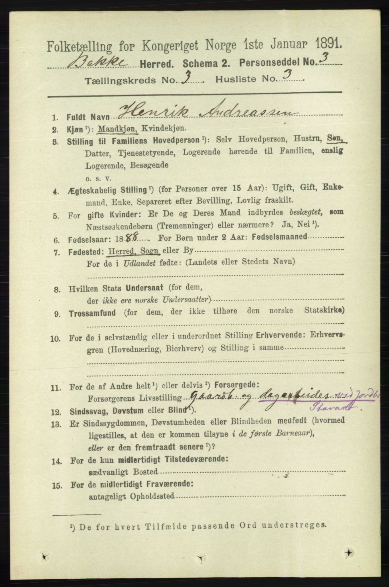 RA, 1891 census for 1045 Bakke, 1891, p. 420