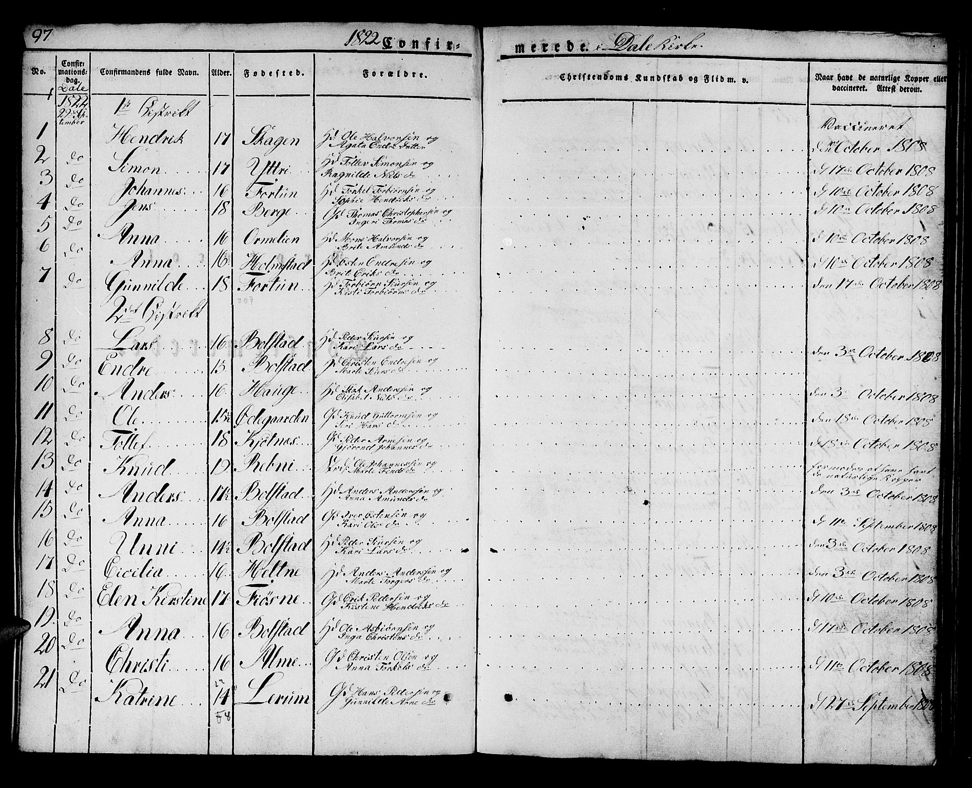 Luster sokneprestembete, AV/SAB-A-81101/H/Haa/Haaa/L0004: Parish register (official) no. A 4, 1821-1832, p. 97
