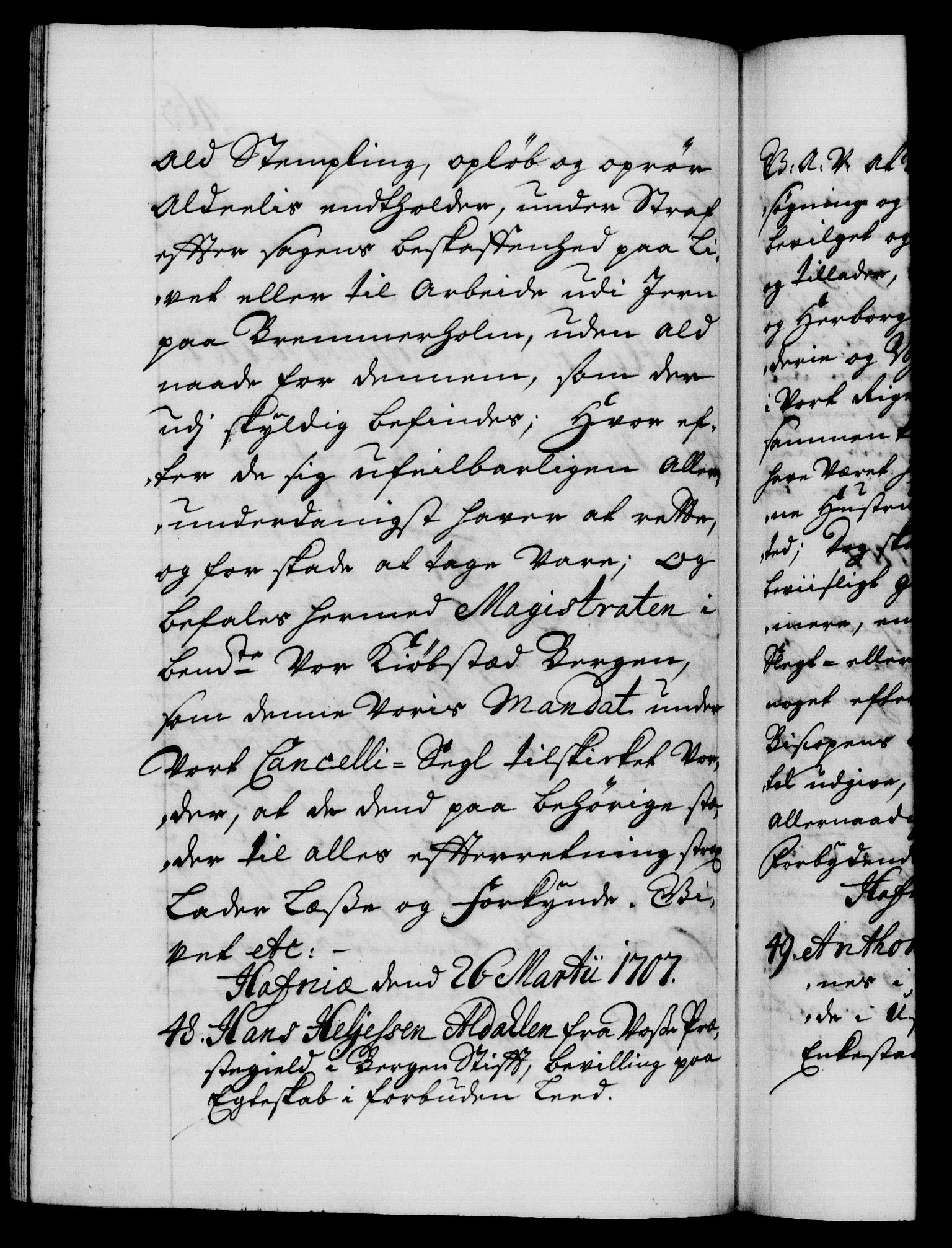 Danske Kanselli 1572-1799, AV/RA-EA-3023/F/Fc/Fca/Fcaa/L0019: Norske registre, 1704-1707, p. 463b