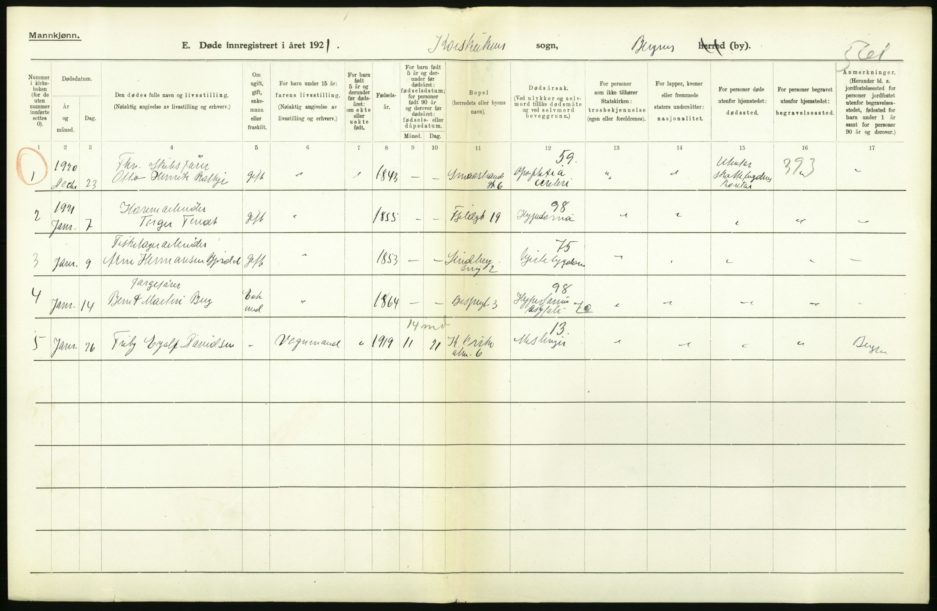 Statistisk sentralbyrå, Sosiodemografiske emner, Befolkning, AV/RA-S-2228/D/Df/Dfc/Dfca/L0036: Bergen: Døde., 1921, p. 24