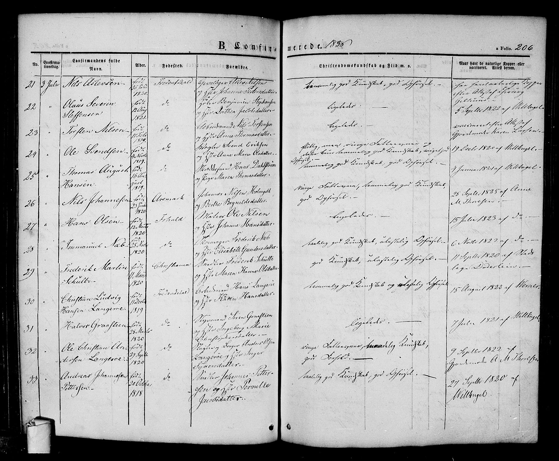 Halden prestekontor Kirkebøker, AV/SAO-A-10909/F/Fa/L0005: Parish register (official) no. I 5, 1834-1845, p. 206