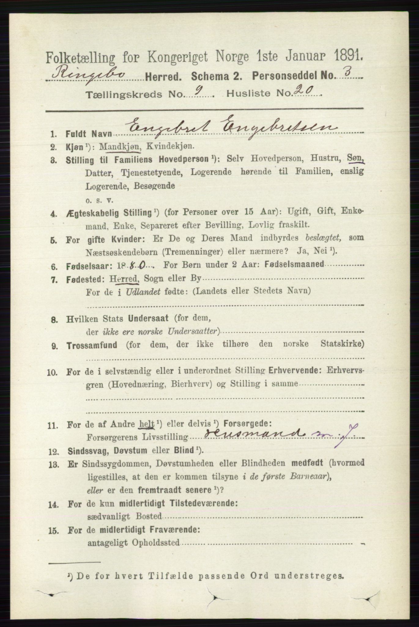 RA, 1891 census for 0520 Ringebu, 1891, p. 4360