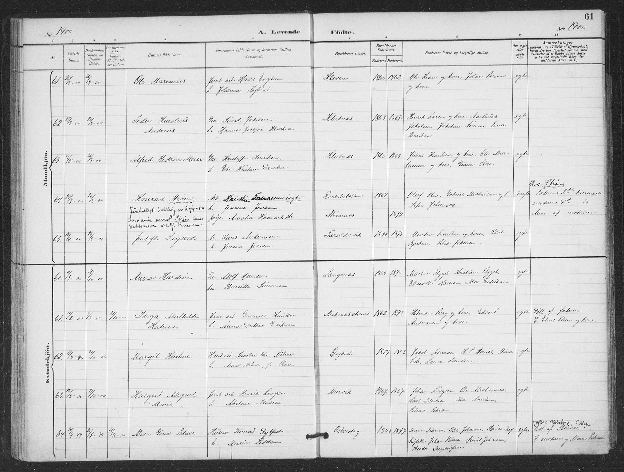 Ministerialprotokoller, klokkerbøker og fødselsregistre - Nordland, SAT/A-1459/866/L0939: Parish register (official) no. 866A02, 1894-1906, p. 61